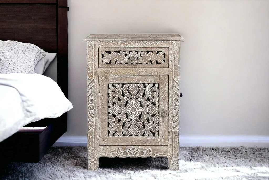 Distressed Gray One Drawer Carved Floral Solid Wood Nightstand By Homeroots - Image 7