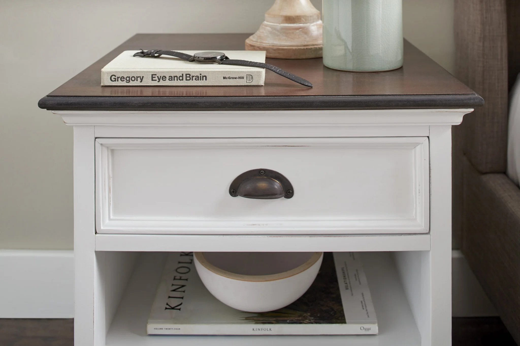 Distressed White And Deep Brown Nightstand With Shelves By Homeroots - Image 7