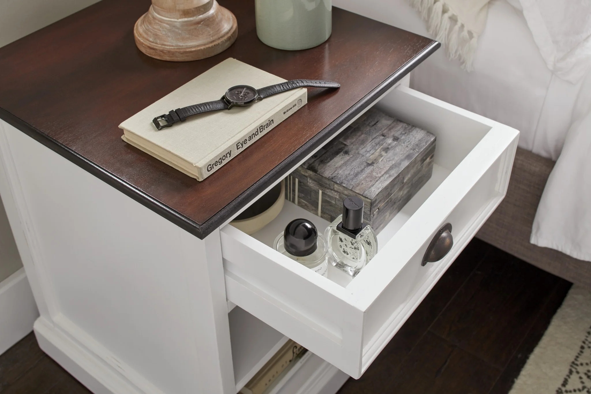 Distressed White And Deep Brown Nightstand With Shelves By Homeroots - Image 8