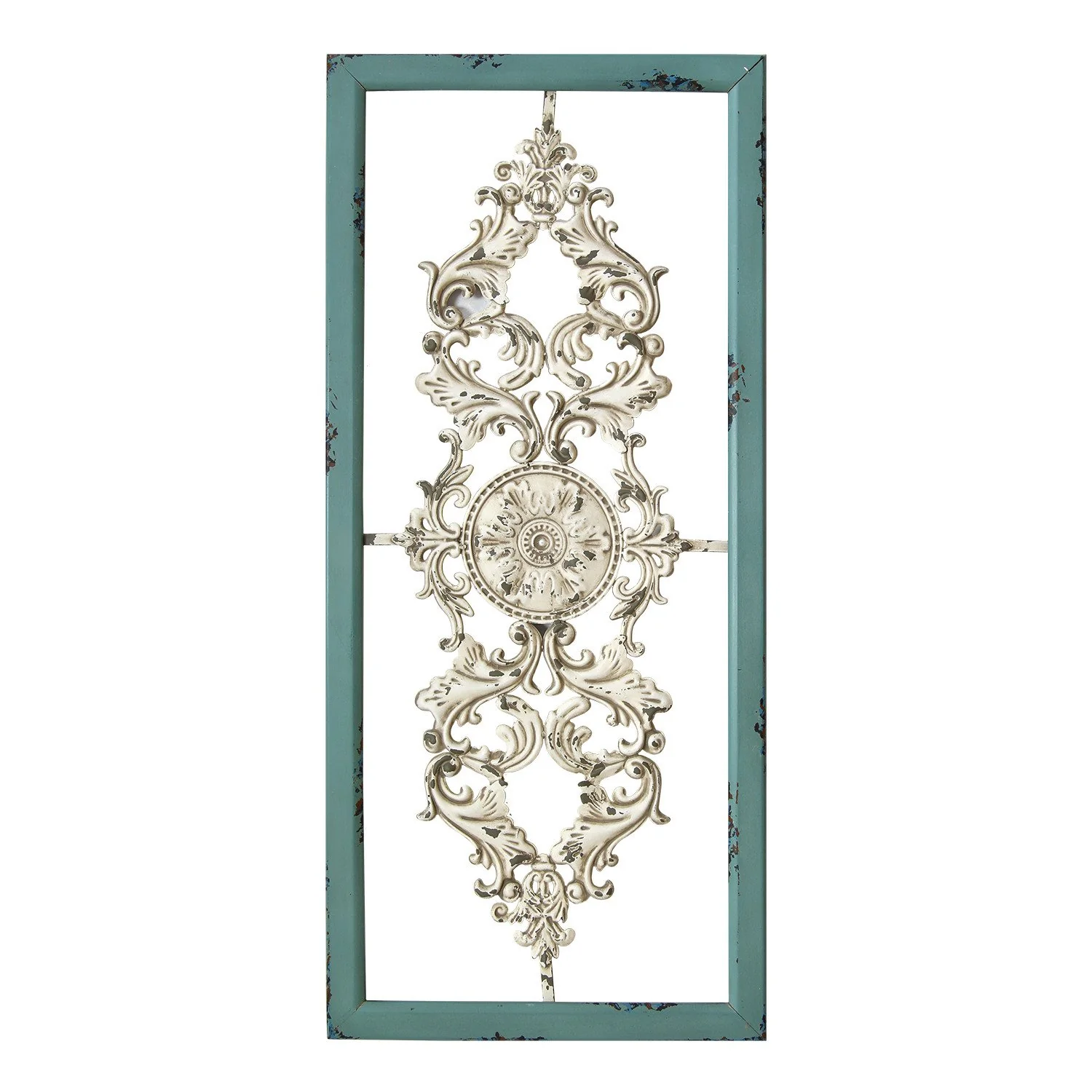 Distressed White and Turquoise Framed Scroll Metal Panel By Homeroots - Image 2
