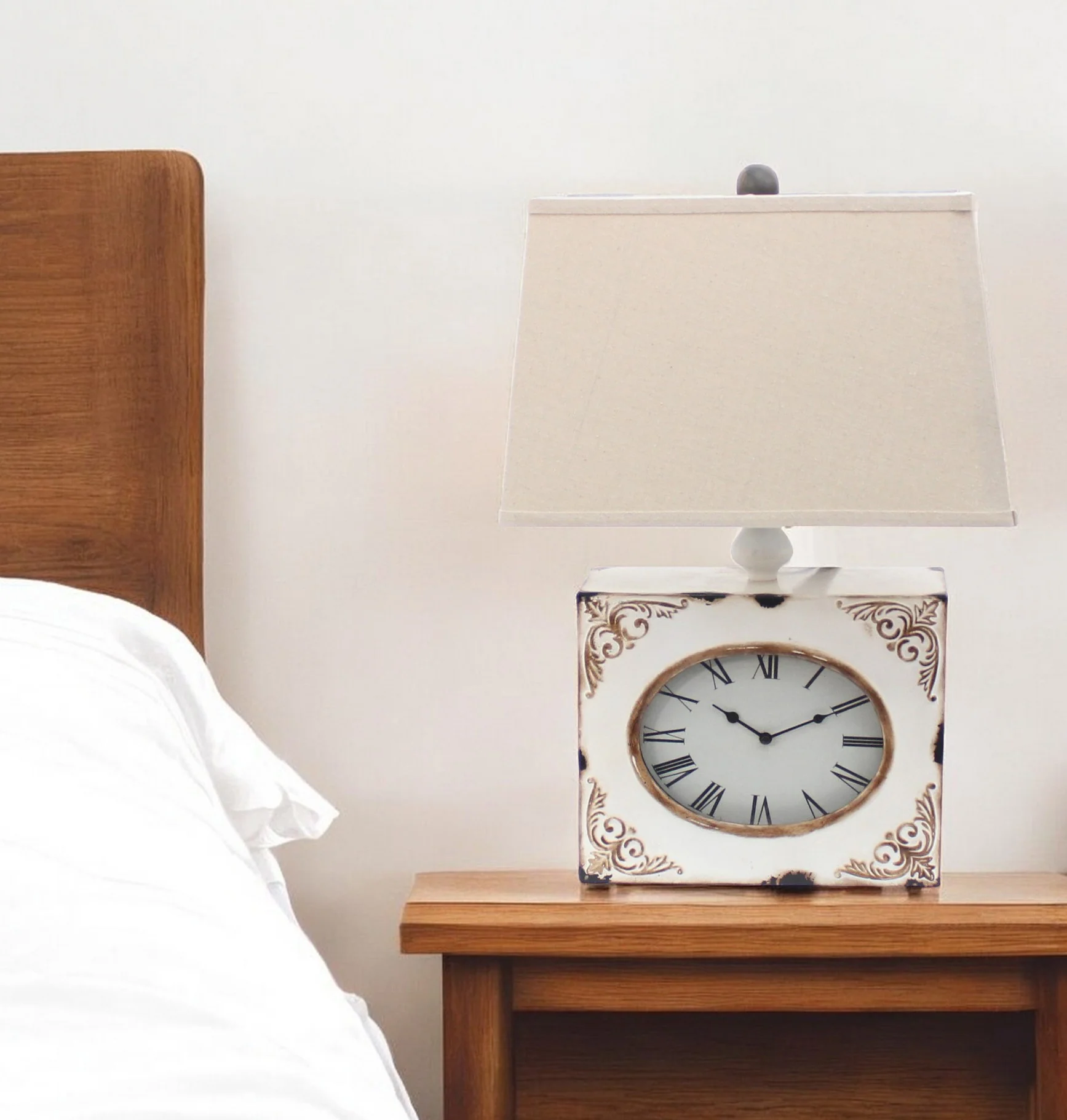 Distressed White Metal Bedside Lamp With Beige Shade By Homeroots - Image 2