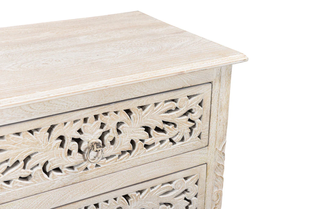 Distressed White Three Drawer Floral Carved Solid Wood Nightstand By Homeroots - Image 2