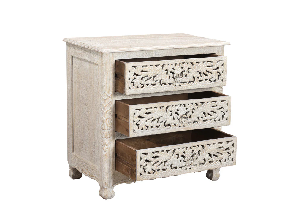 Distressed White Three Drawer Floral Carved Solid Wood Nightstand By Homeroots - Image 3