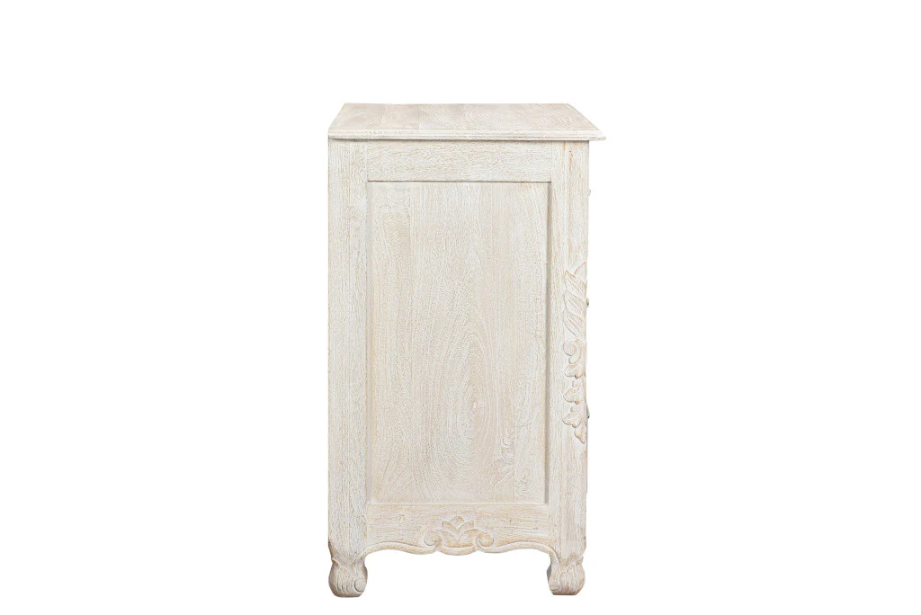 Distressed White Three Drawer Floral Carved Solid Wood Nightstand By Homeroots - Image 4