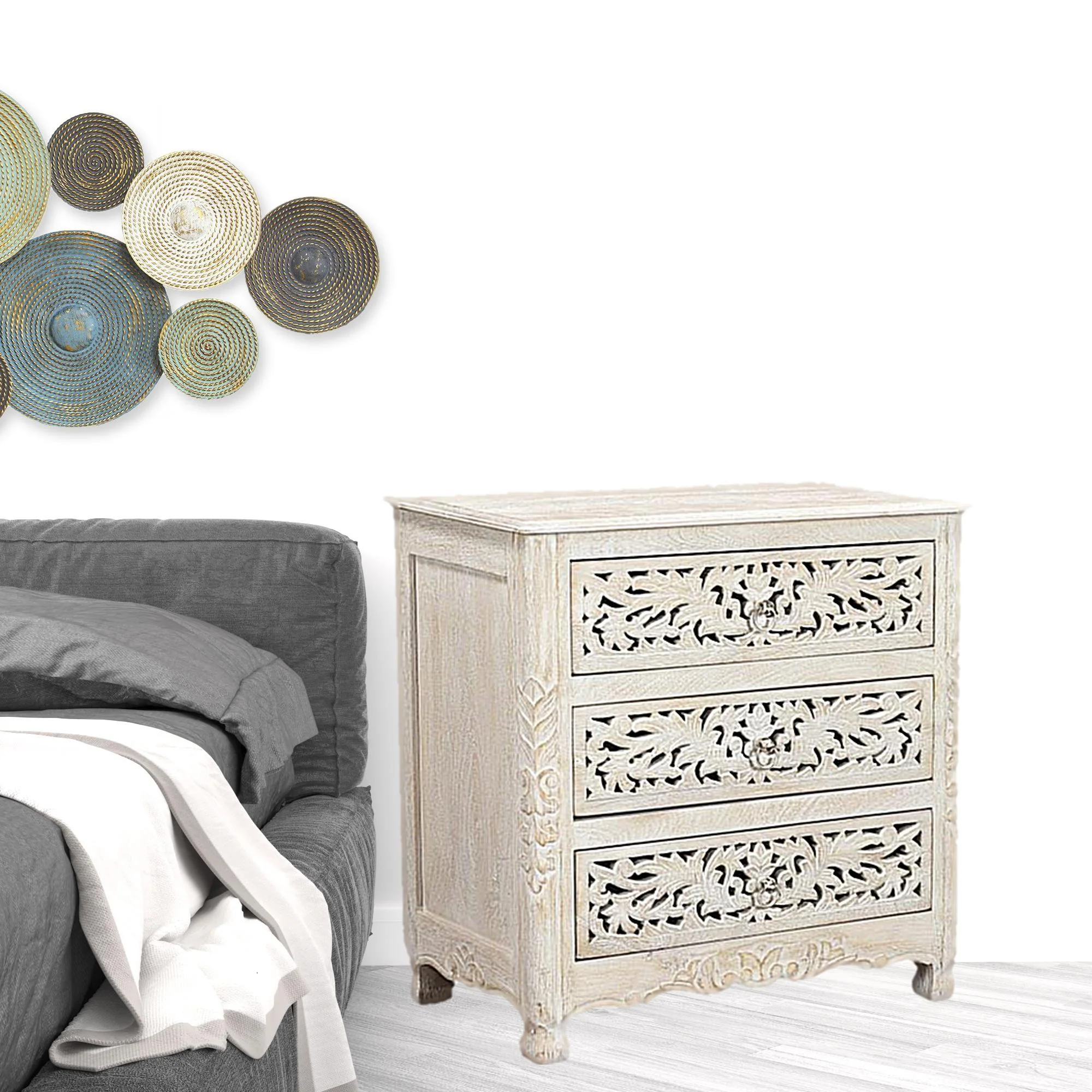 Distressed White Three Drawer Floral Carved Solid Wood Nightstand By Homeroots - Image 5