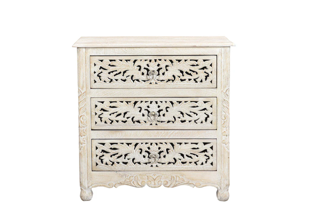 Distressed White Three Drawer Floral Carved Solid Wood Nightstand By Homeroots - Image 7