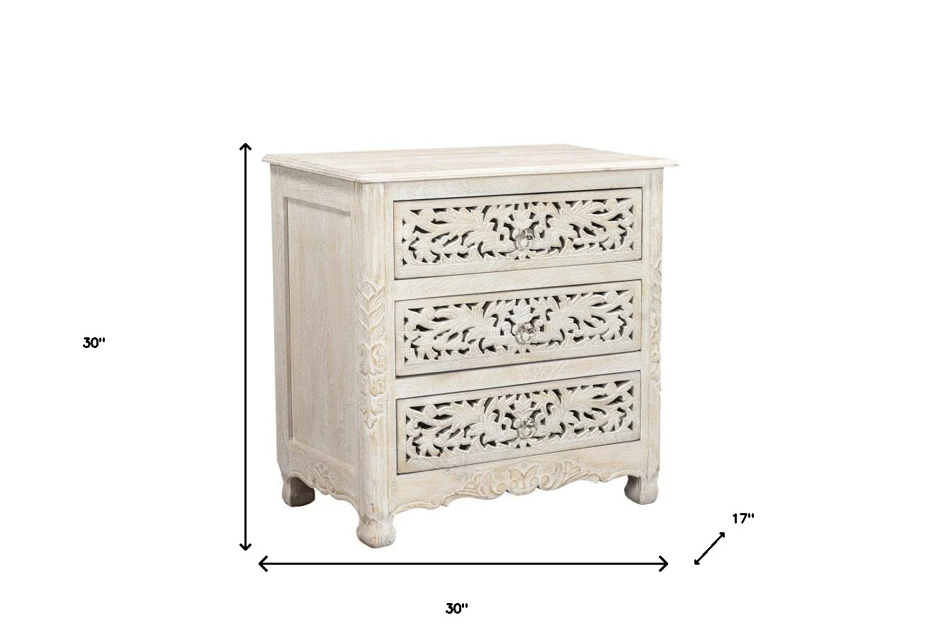 Distressed White Three Drawer Floral Carved Solid Wood Nightstand By Homeroots - Image 8