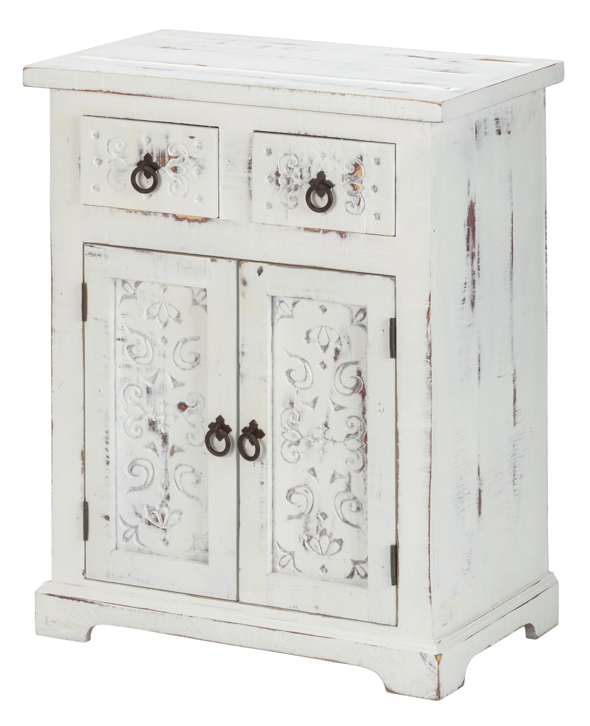 Distressed White Wooden Carved 2 Door And 2 Drawer Cabinet By Homeroots - Image 2
