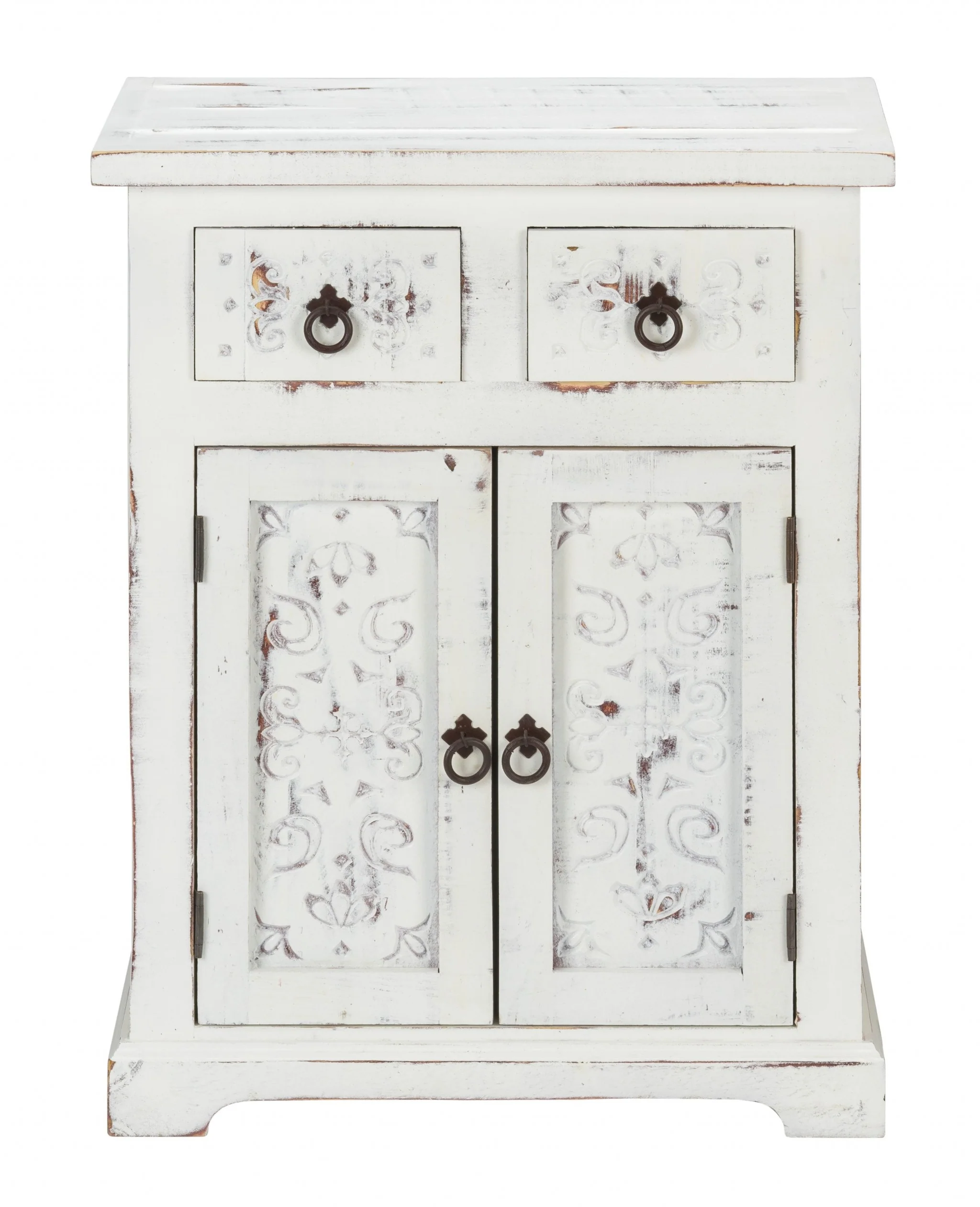 Distressed White Wooden Carved 2 Door And 2 Drawer Cabinet By Homeroots - Image 4
