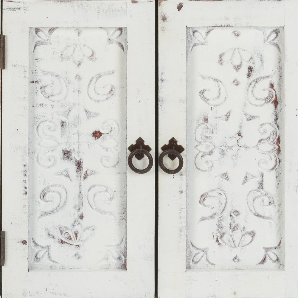 Distressed White Wooden Carved 2 Door And 2 Drawer Cabinet By Homeroots - Image 5