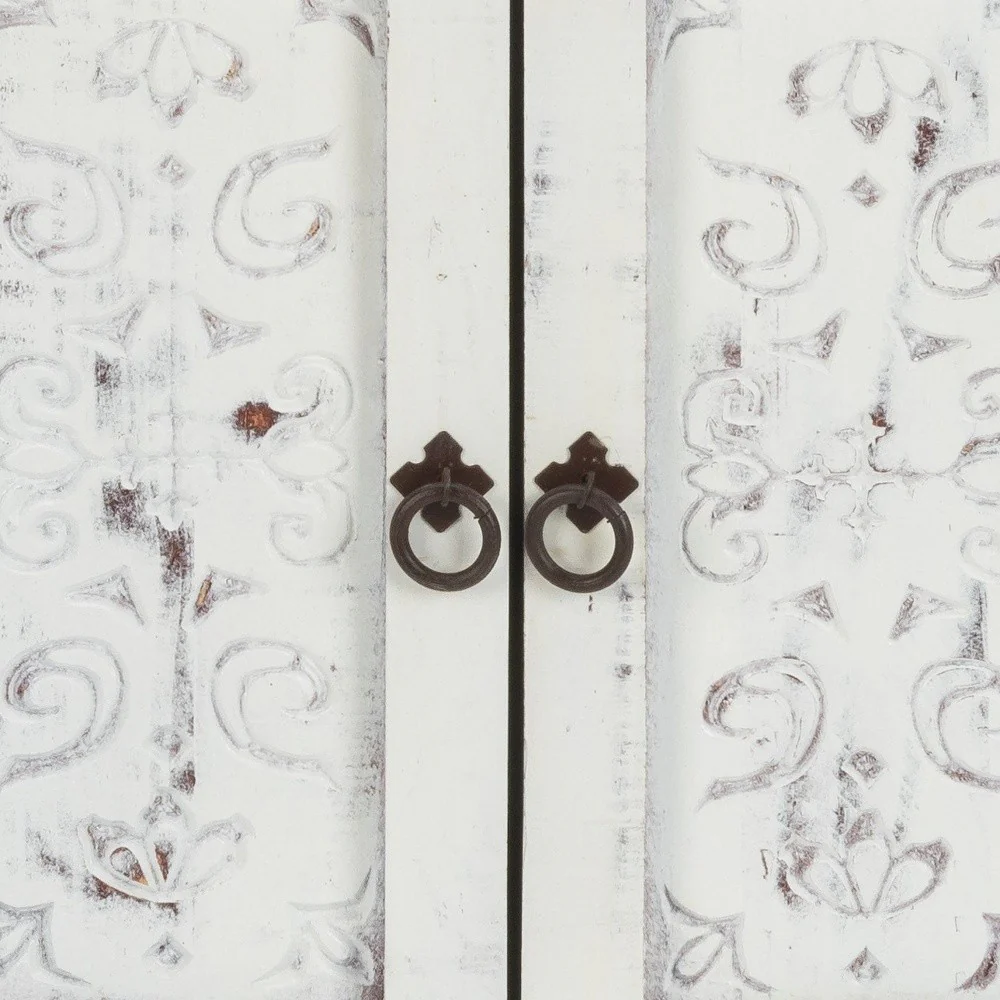 Distressed White Wooden Carved 2 Door And 2 Drawer Cabinet By Homeroots - Image 6
