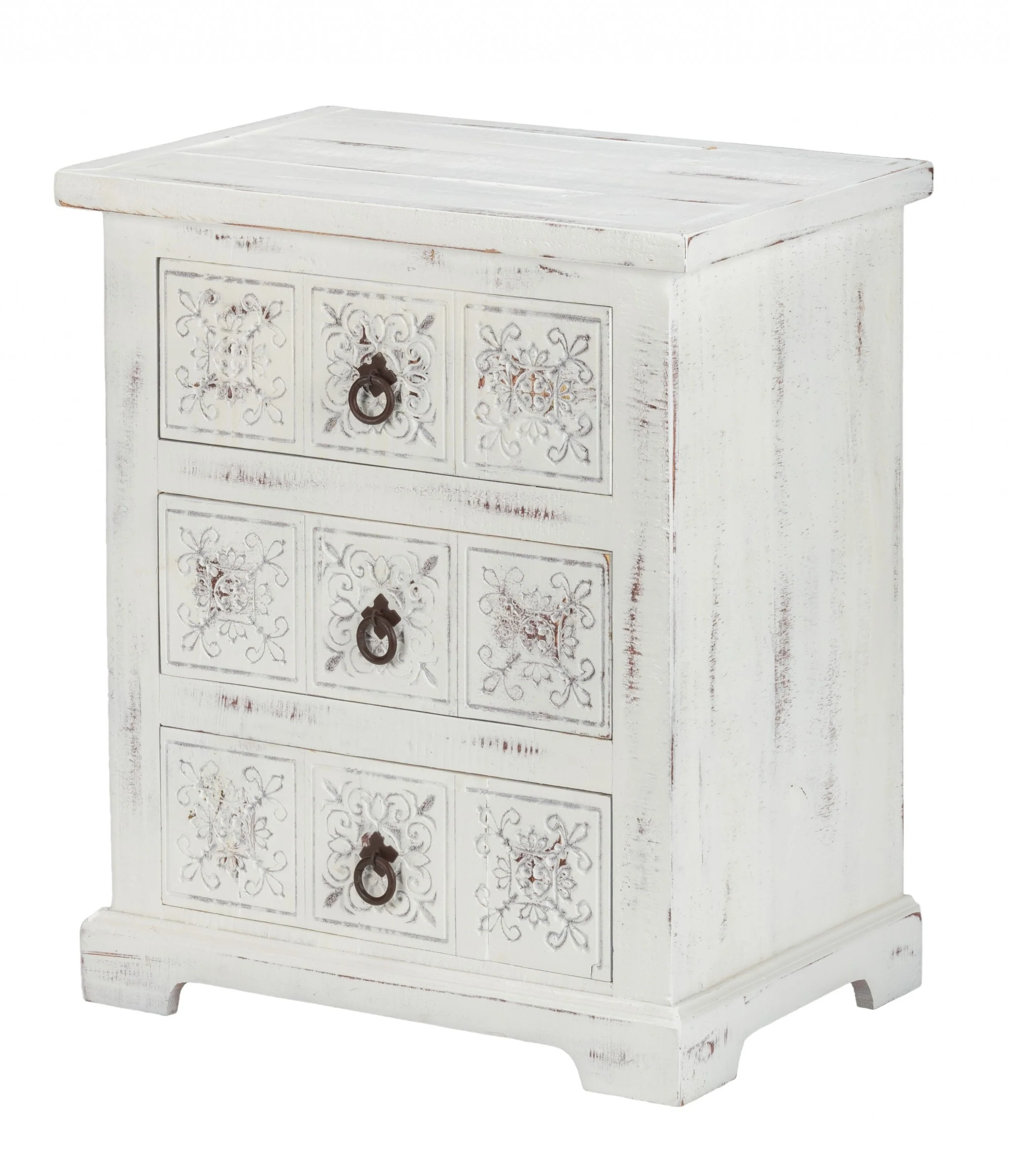 Distressed White Wooden Carved 3 Drawer Cabinet By Homeroots - Image 2