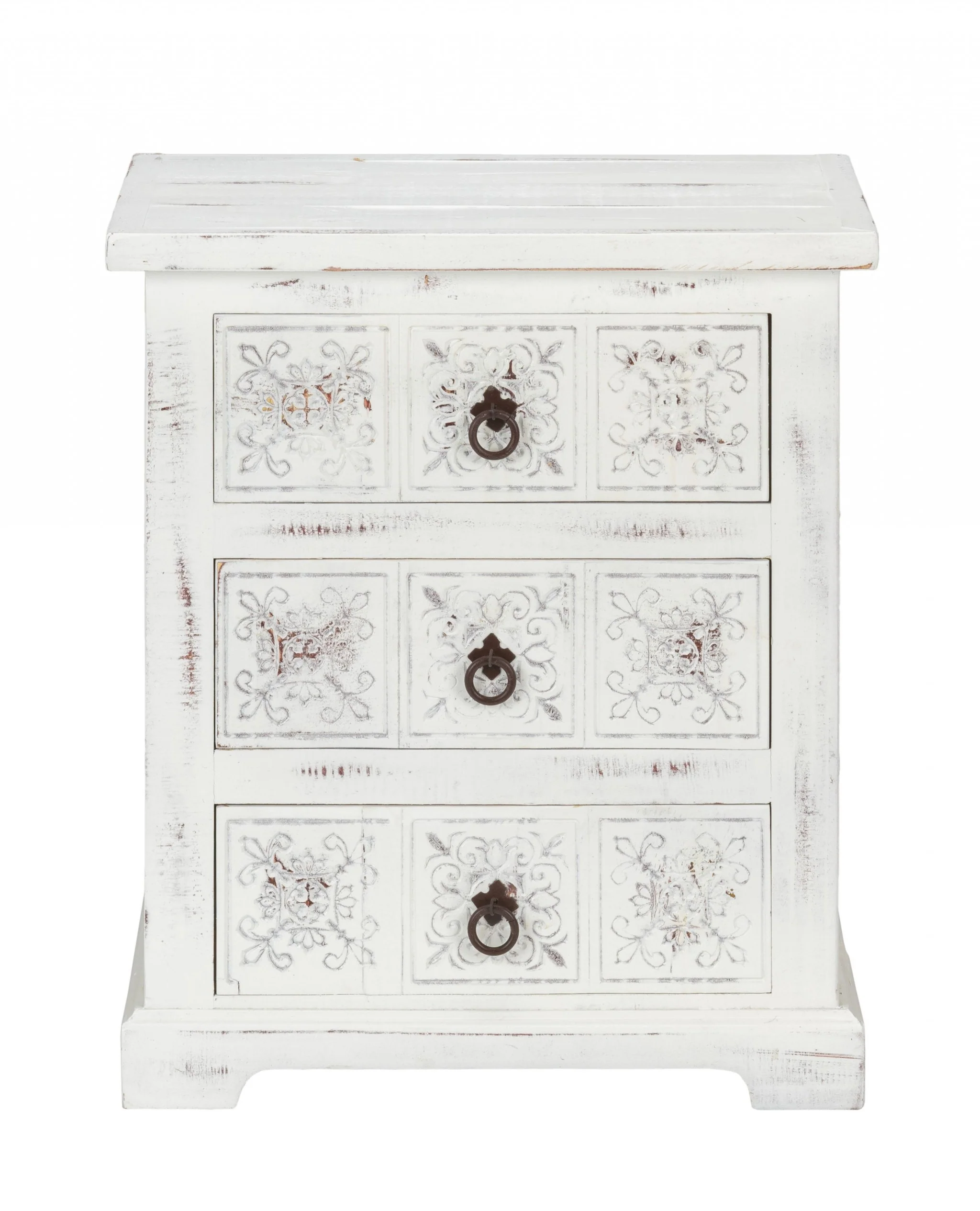 Distressed White Wooden Carved 3 Drawer Cabinet By Homeroots - Image 3