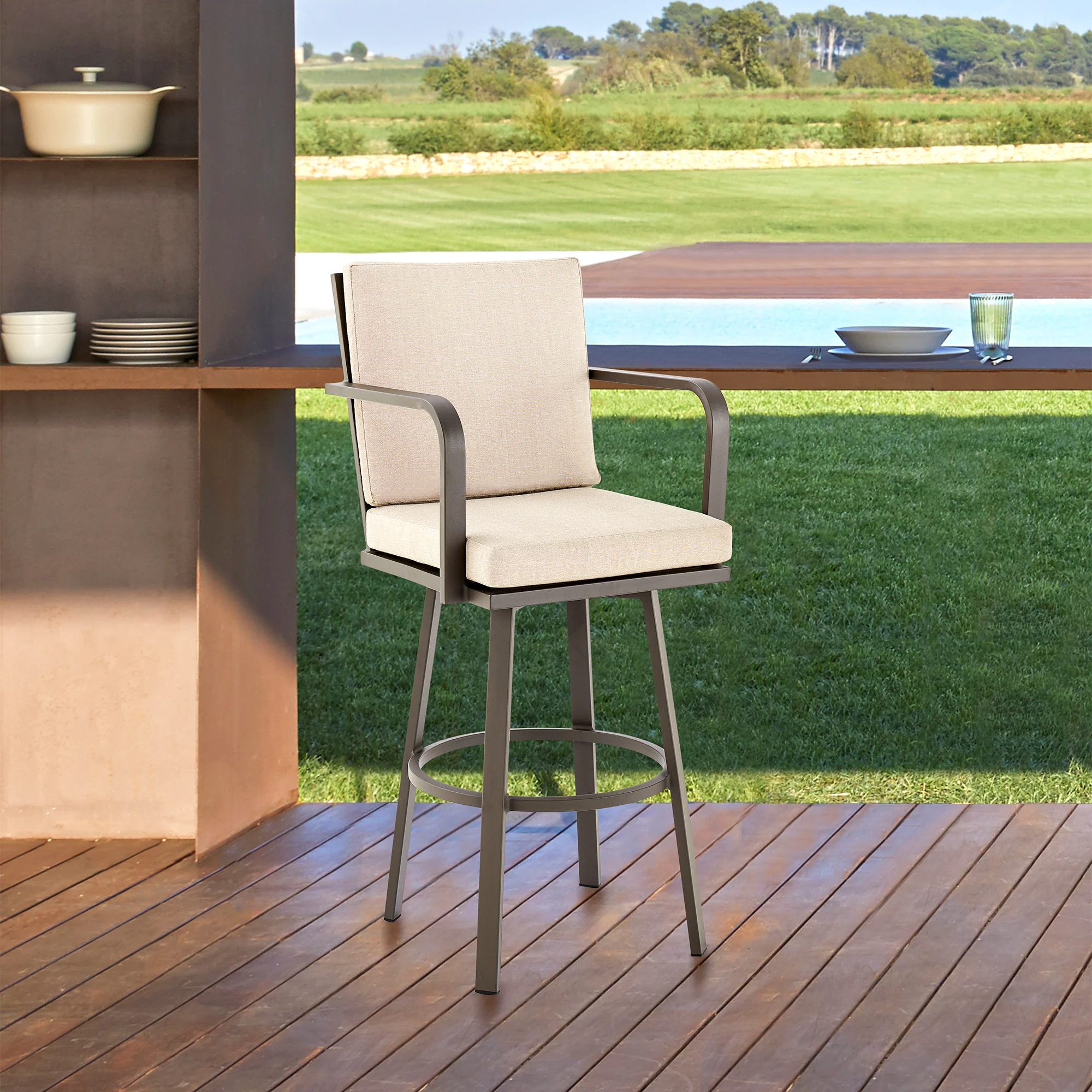 Don 30" Outdoor Patio Bar Stool in Black Aluminum with Grey Cushions  By Armen Living - Image 11