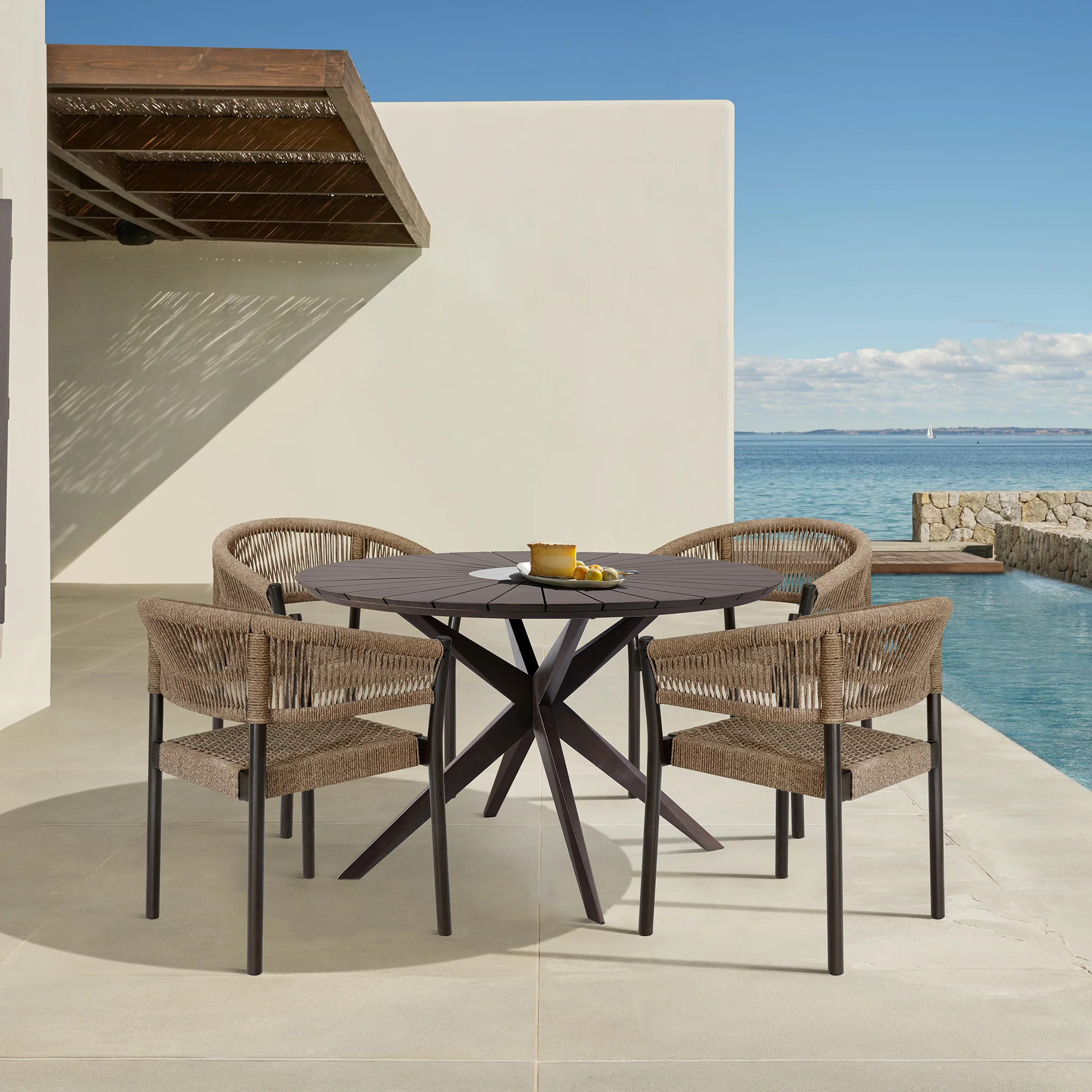 Doris Outdoor Patio Dining Chair in Dark Eucalyptus Wood with Truffle Rope - Set of 2 By Armen Living - Image 2