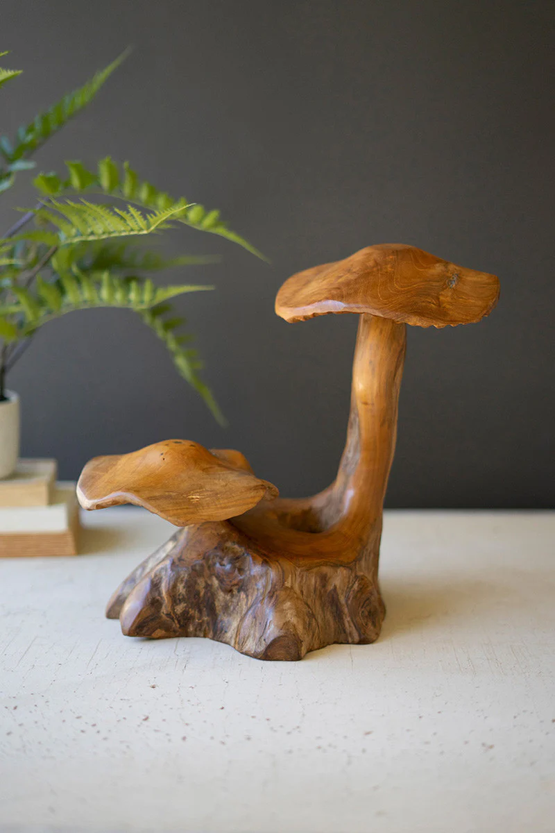 Double Teak Mushroom Sculpture By Kalalou - Image 2