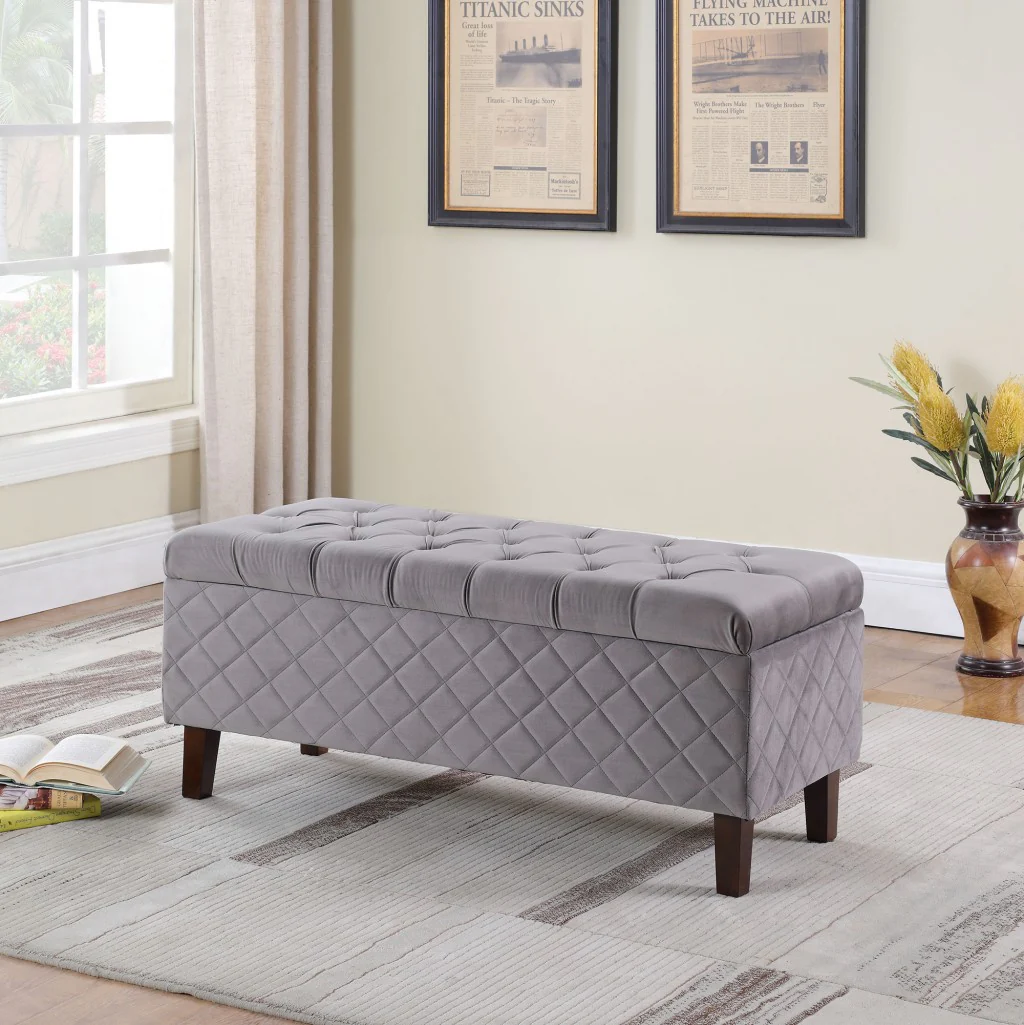 Dove Gray Quilted and Tufted Storage Bench By Homeroots - Image 2