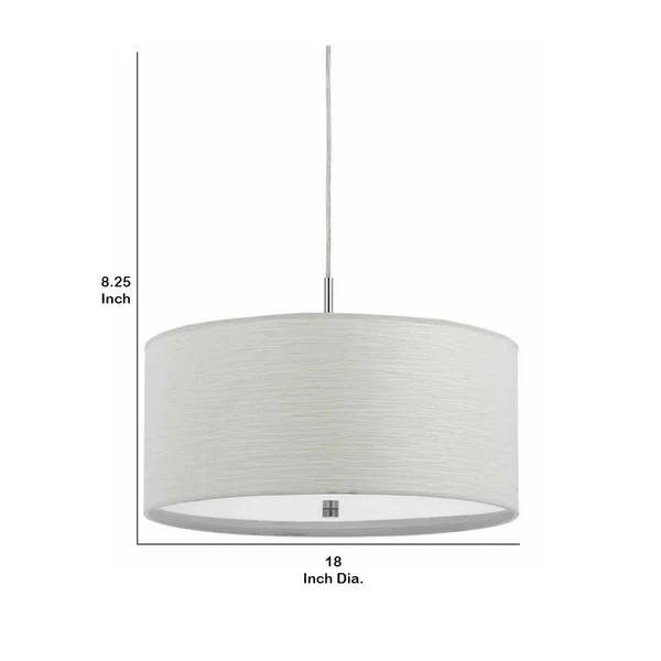 Drum Style Pendant Fixture with Fabric Shade and Brushed Details, White By Benzara - Image 2