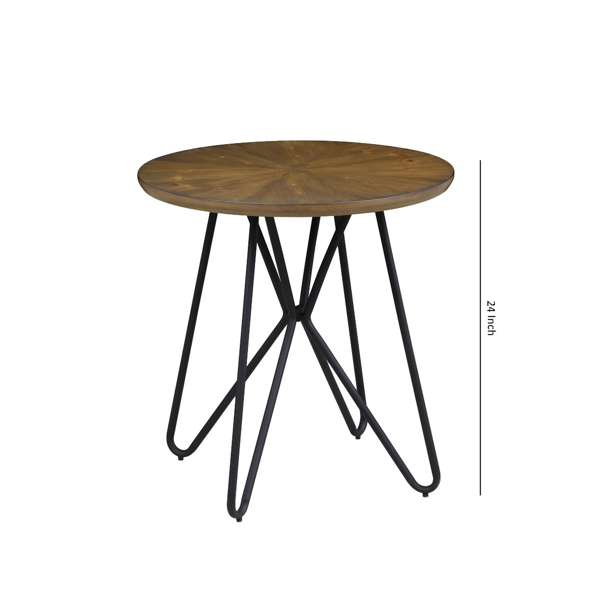 Dual Tone Round Wooden End Table With Metal Hairpin Legs, Brown And Black By Benzara - Image 5