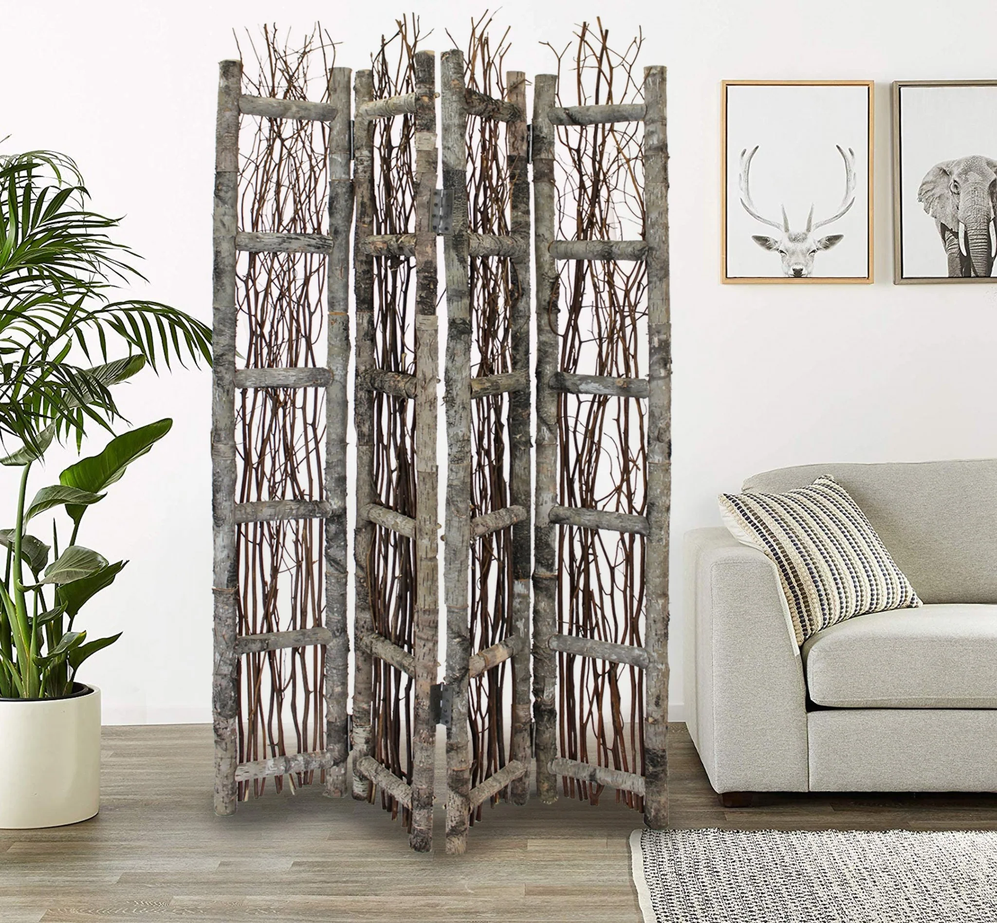 Earthy Birch And Twig Four Panel Room Divider Screen By Homeroots - Image 3