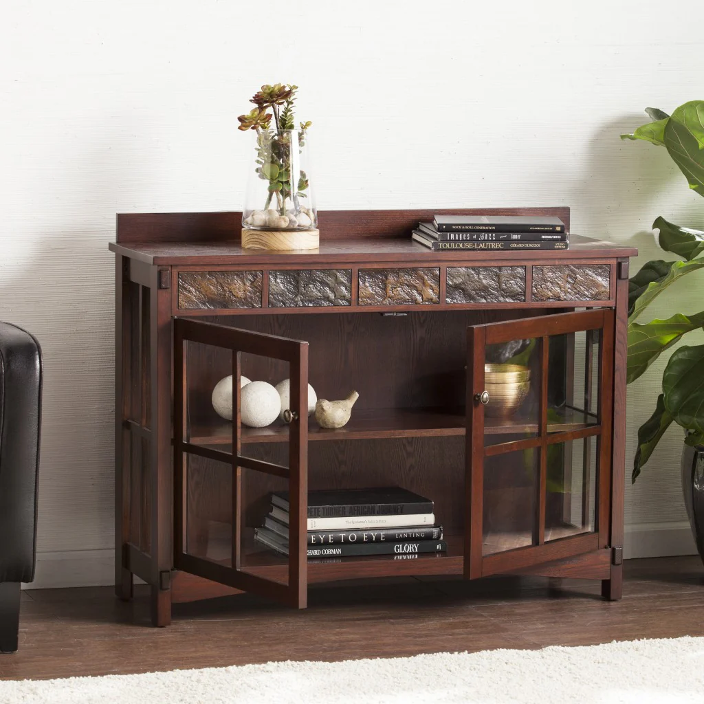 Earthy Mission Style Wood Slate And Glass Low Curio By Homeroots - Image 2