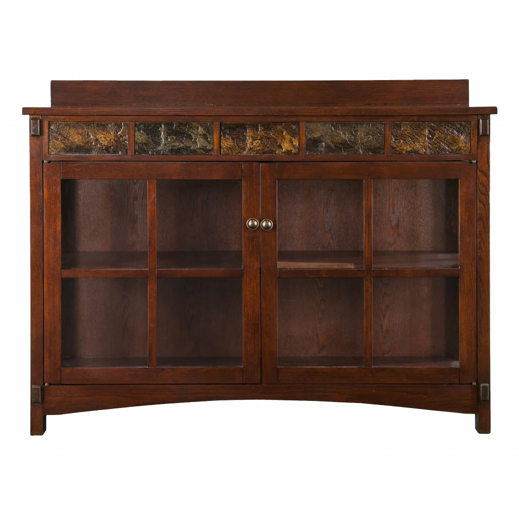 Earthy Mission Style Wood Slate And Glass Low Curio By Homeroots - Image 3