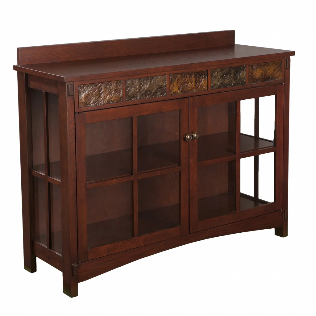 Earthy Mission Style Wood Slate And Glass Low Curio By Homeroots - Image 4