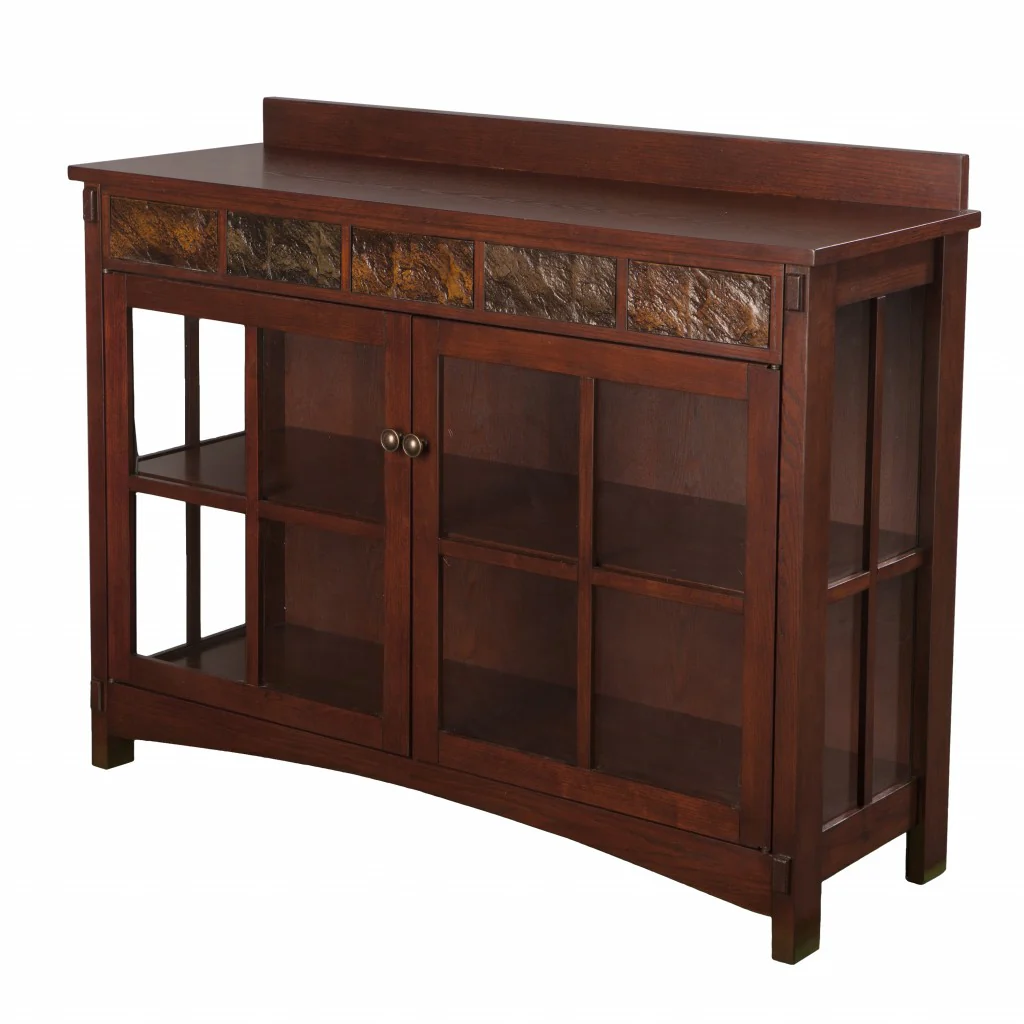 Earthy Mission Style Wood Slate And Glass Low Curio By Homeroots - Image 8