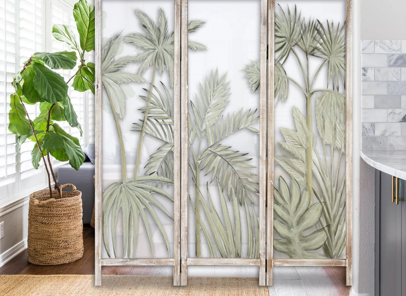 Earthy Opaque Palms Three Panel Room Divider Screen By Homeroots - Image 3