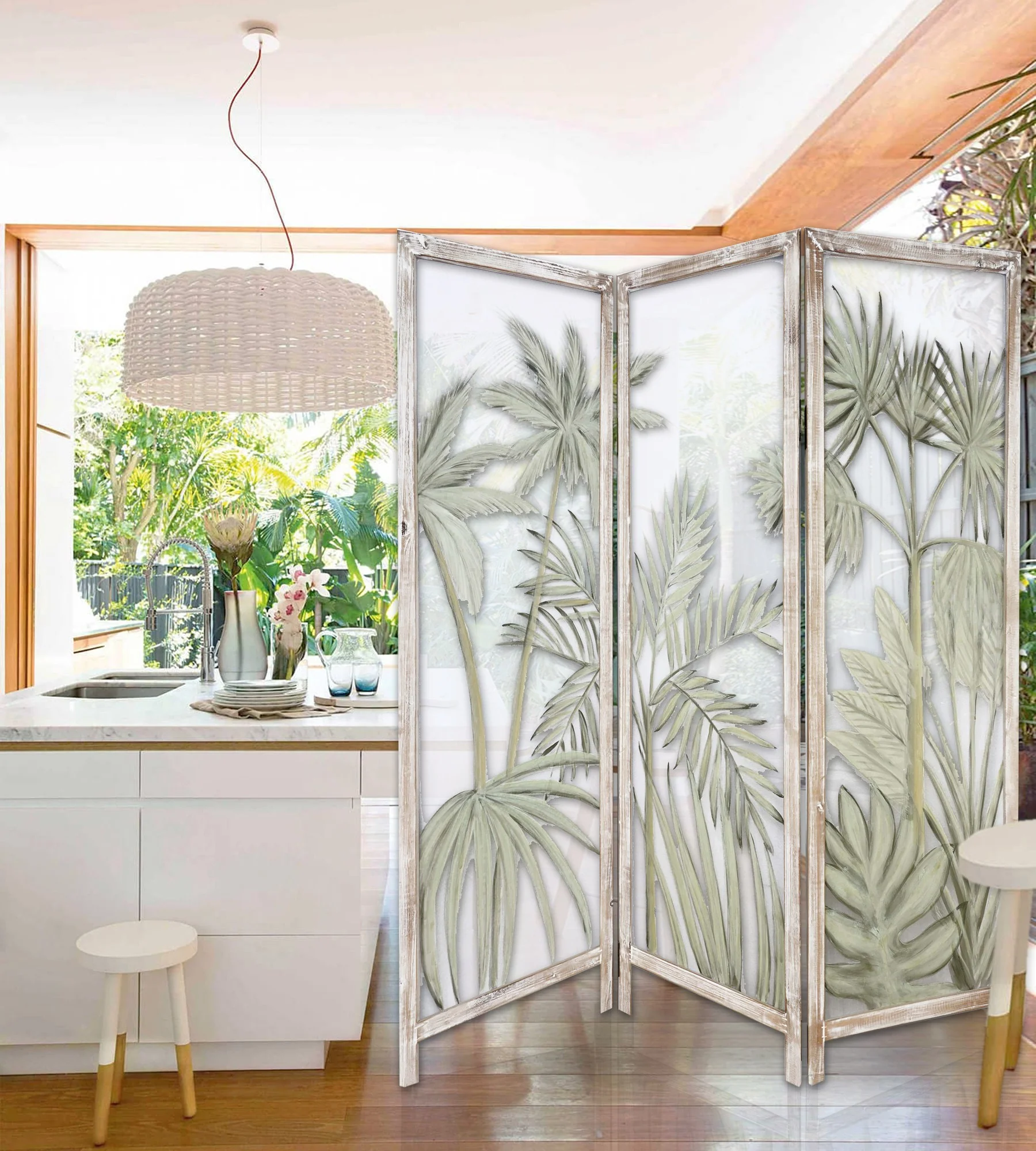 Earthy Opaque Palms Three Panel Room Divider Screen By Homeroots - Image 4