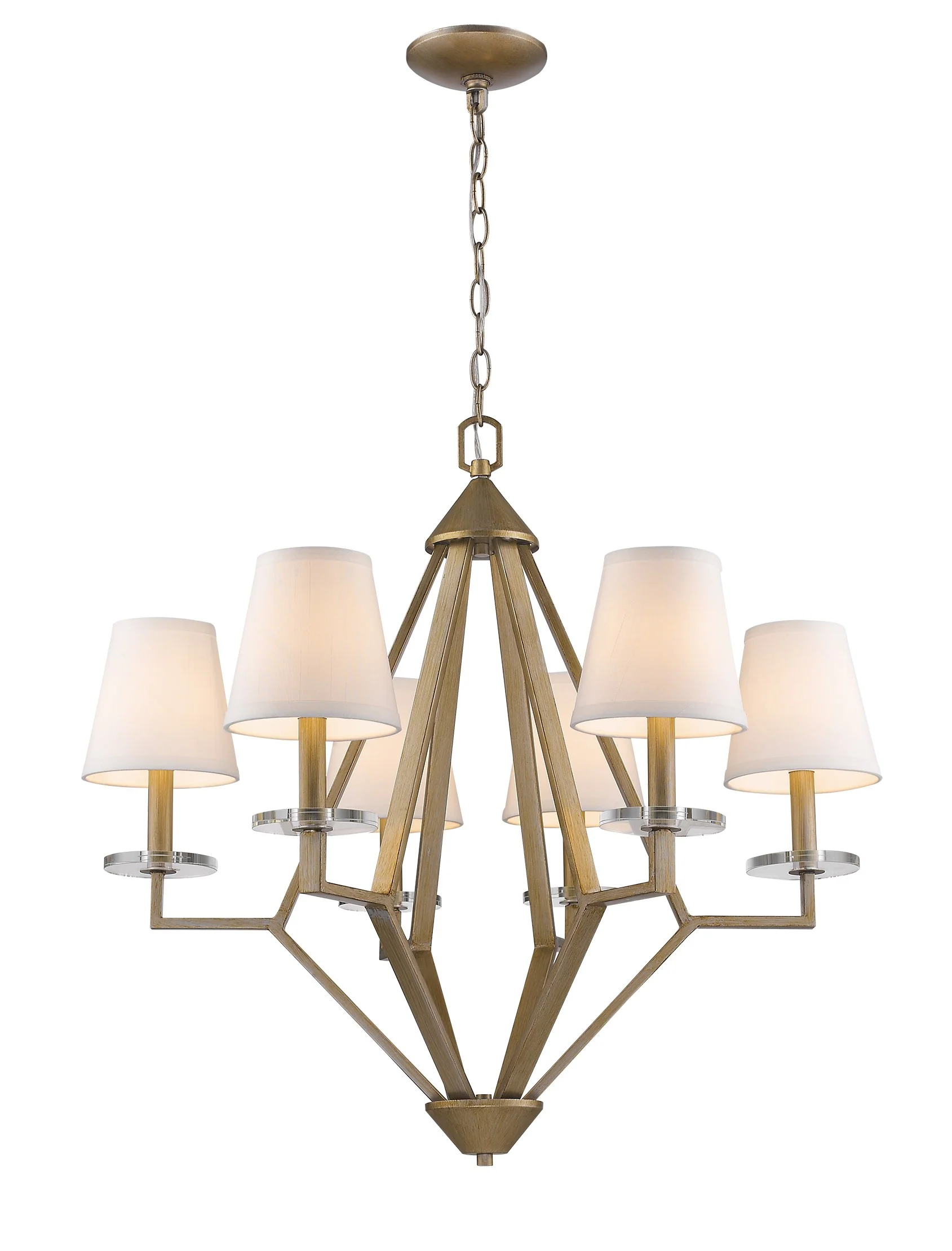 Easton 6-Light Washed Gold Chandelier With Crystal Bobeches And White Fabric Shades By Homeroots - Image 2