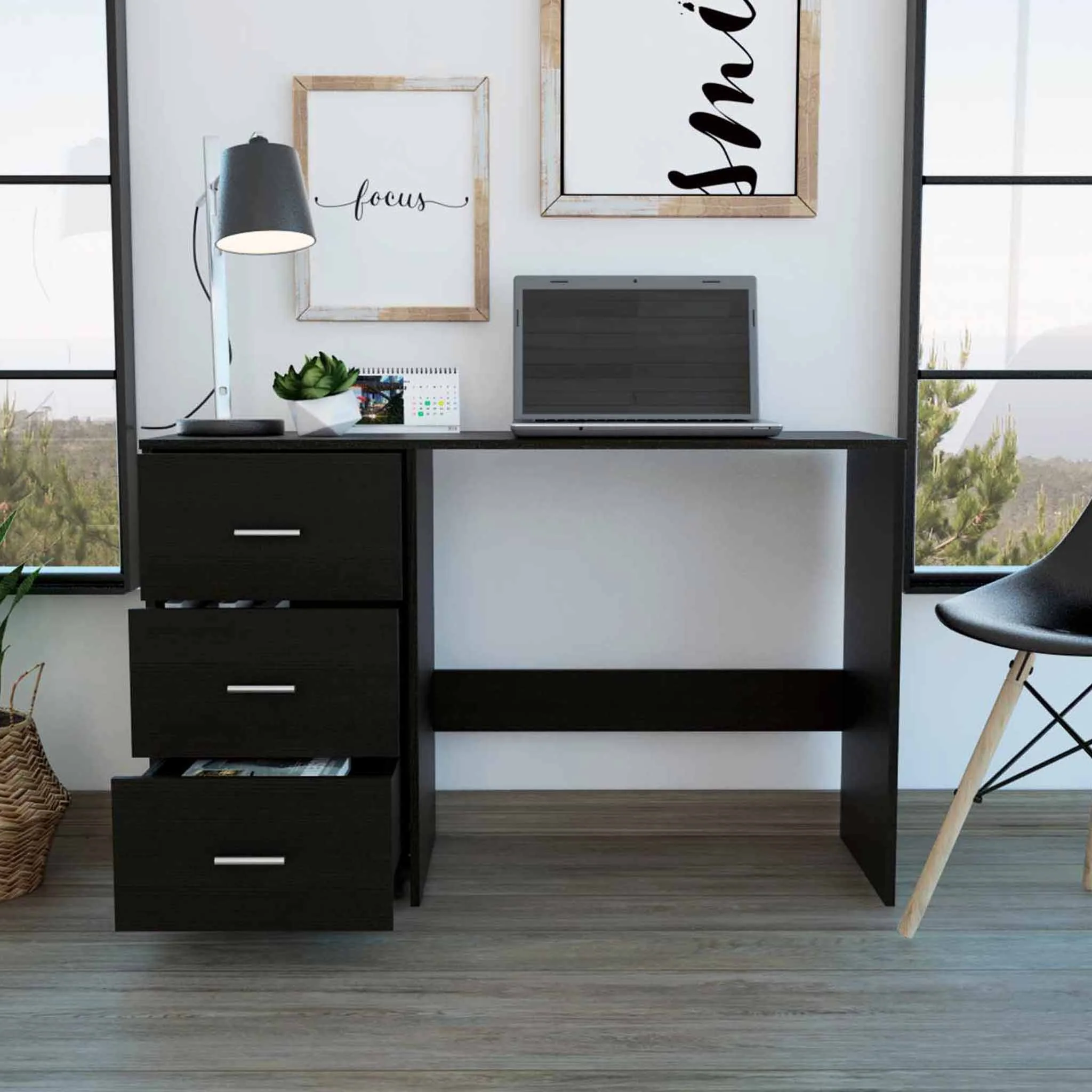 Echo Black Computer Desk with Three Drawers By Homeroots - 403782 - Image 3