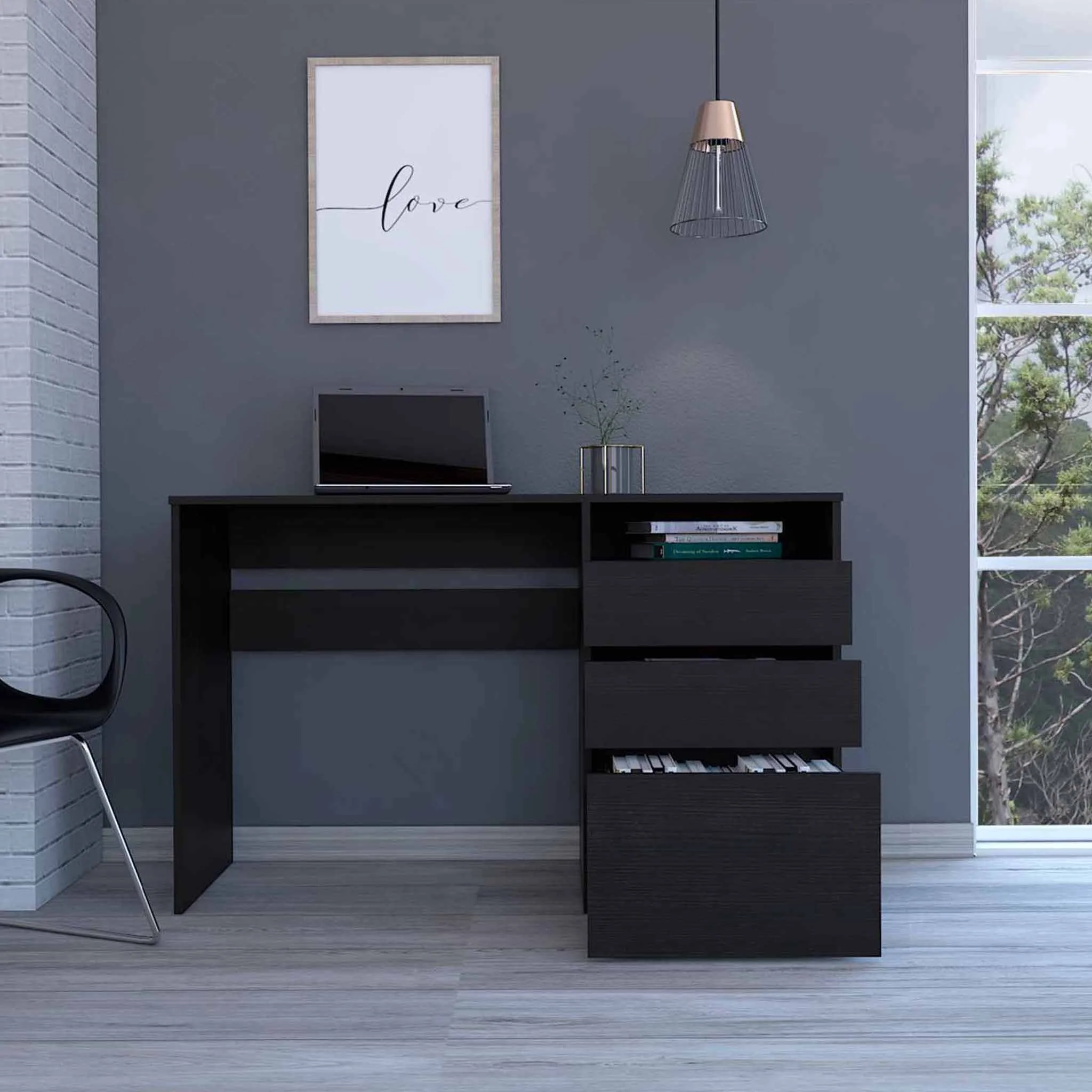 Echo Black Computer Desk with Three Drawers By Homeroots - 403805 - Image 3