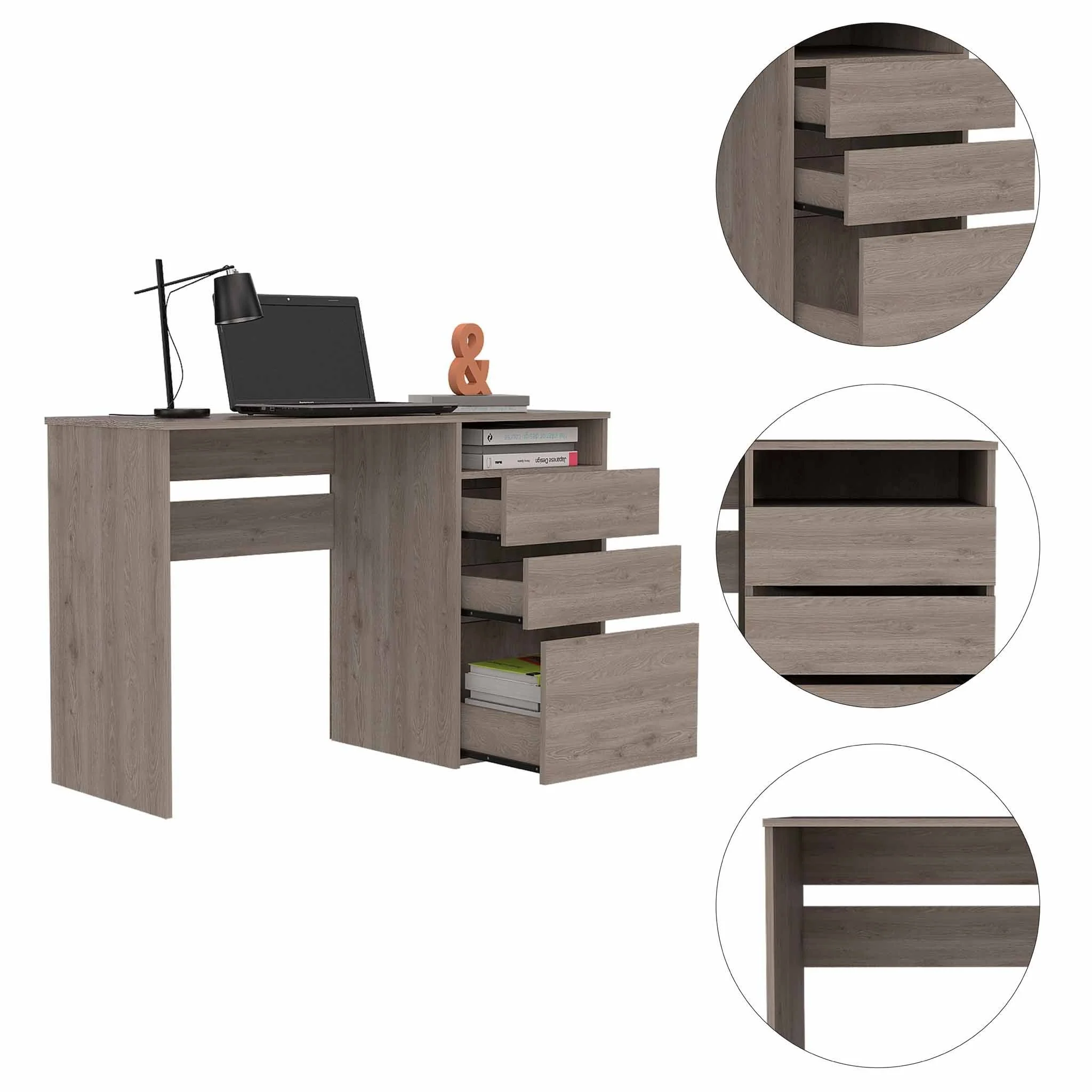 Echo Light Gray Computer Desk with Three Drawers By Homeroots - Image 4