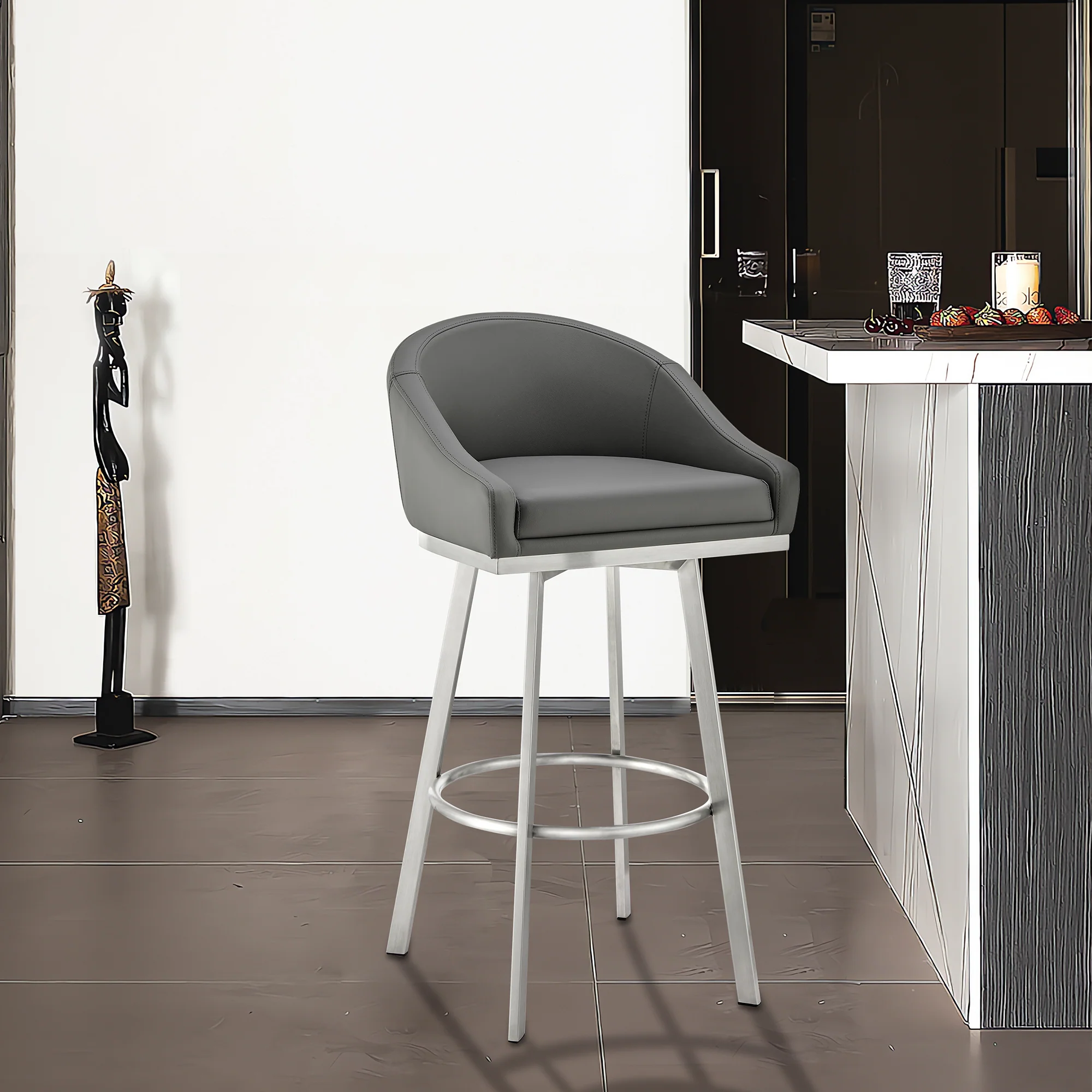 Eleanor 26" Swivel Counter Stool in Brushed Stainless Steel and Black Faux Leather By Armen Living - Image 11