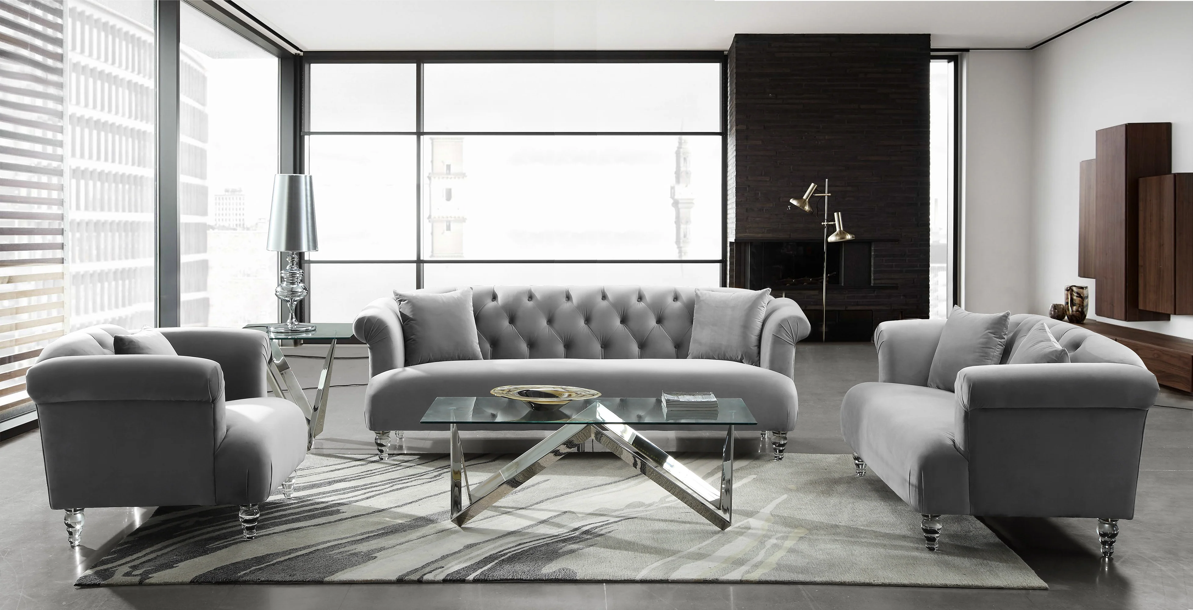 Elegance Contemporary Sofa Chair in Gray Velvet with Acrylic Legs By Armen Living - Image 3