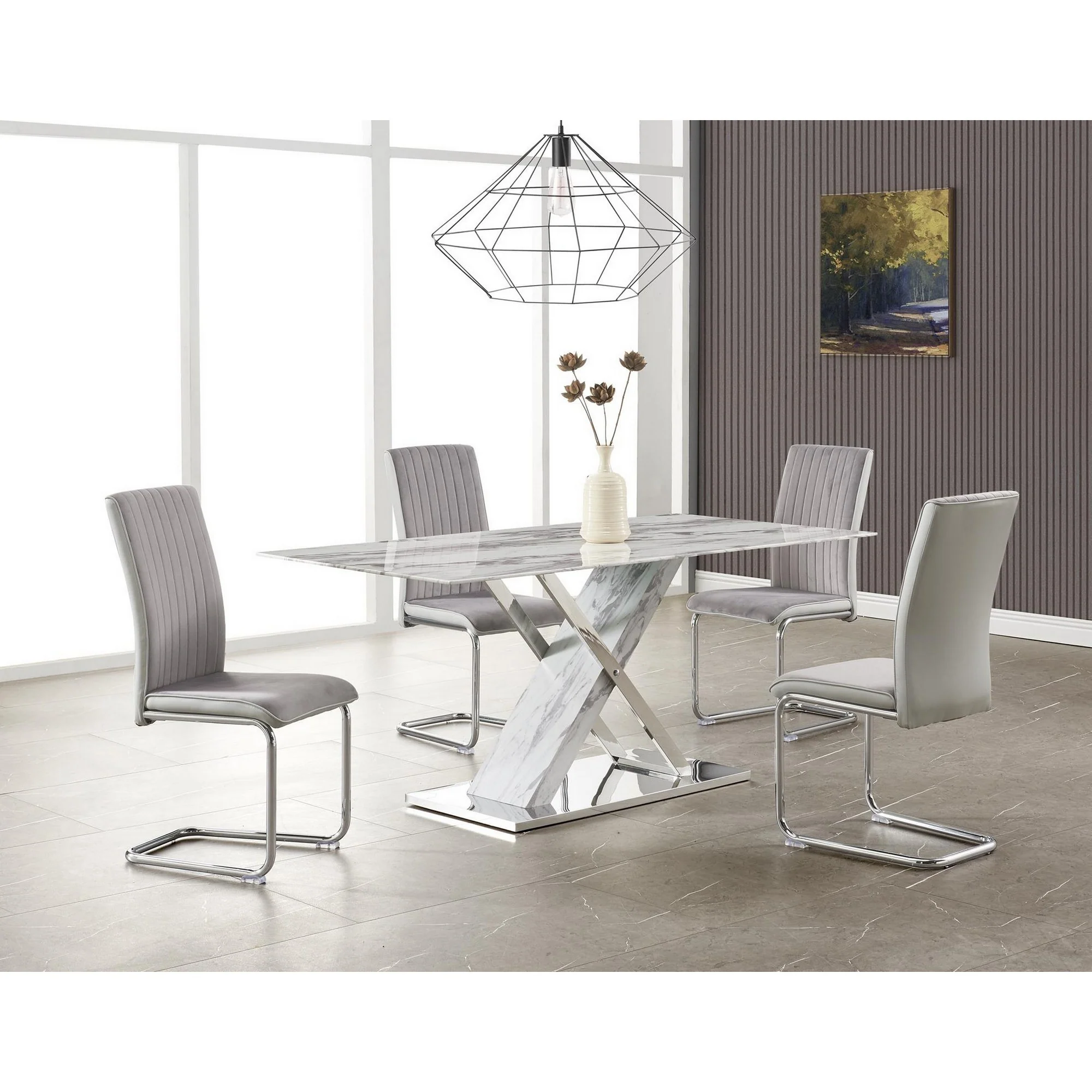 Elegant Marble Glass Top Dining Table With X Base Stainless Steel Accents By Homeroots - Image 2