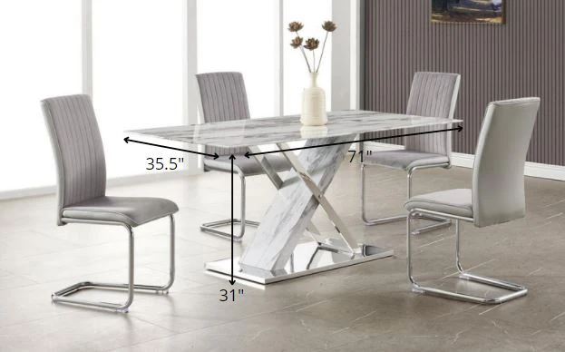 Elegant Marble Glass Top Dining Table With X Base Stainless Steel Accents By Homeroots - Image 4