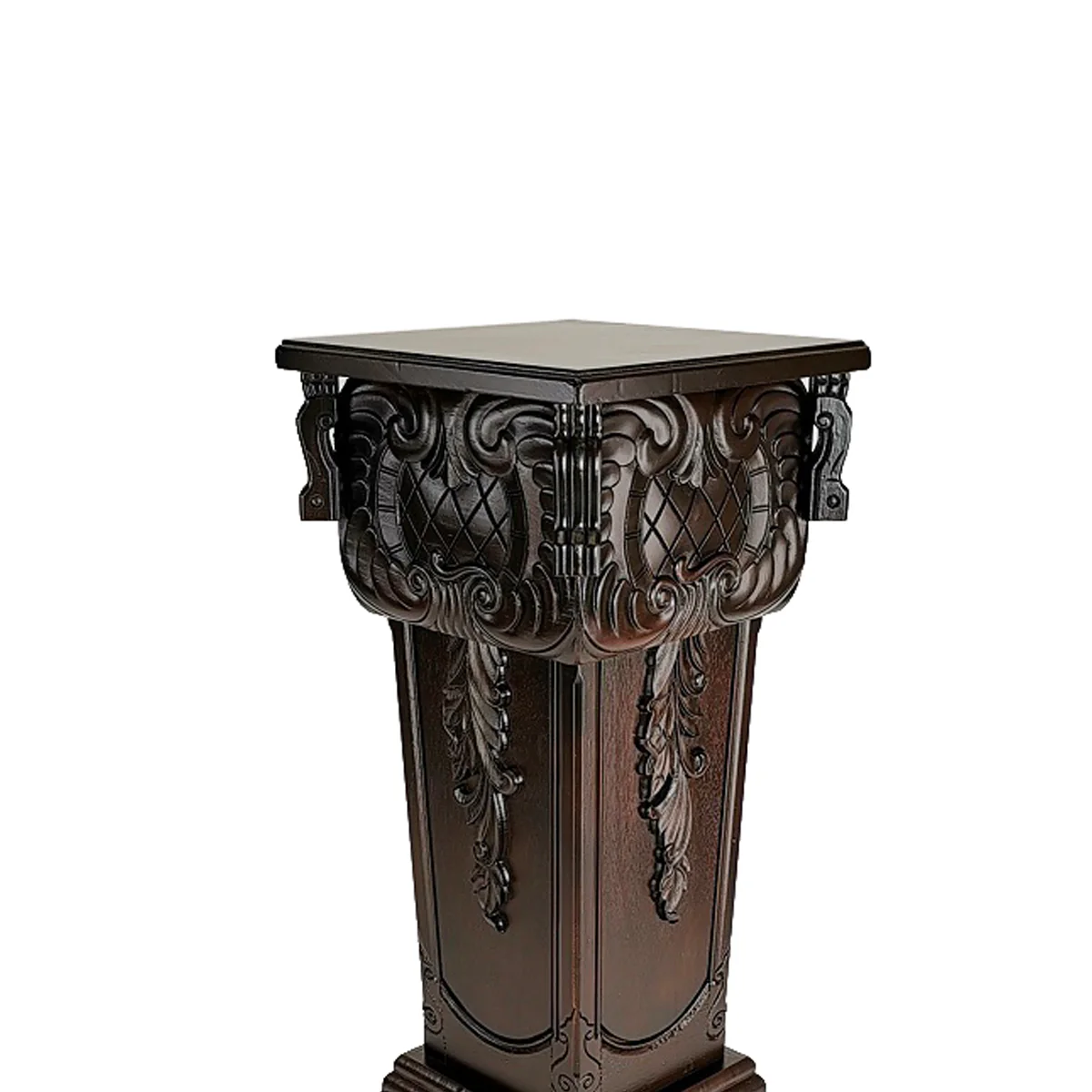 Elegantly Engraved Wooden Frame Pedestal Stand, Dark Brown By Benzara - Image 2