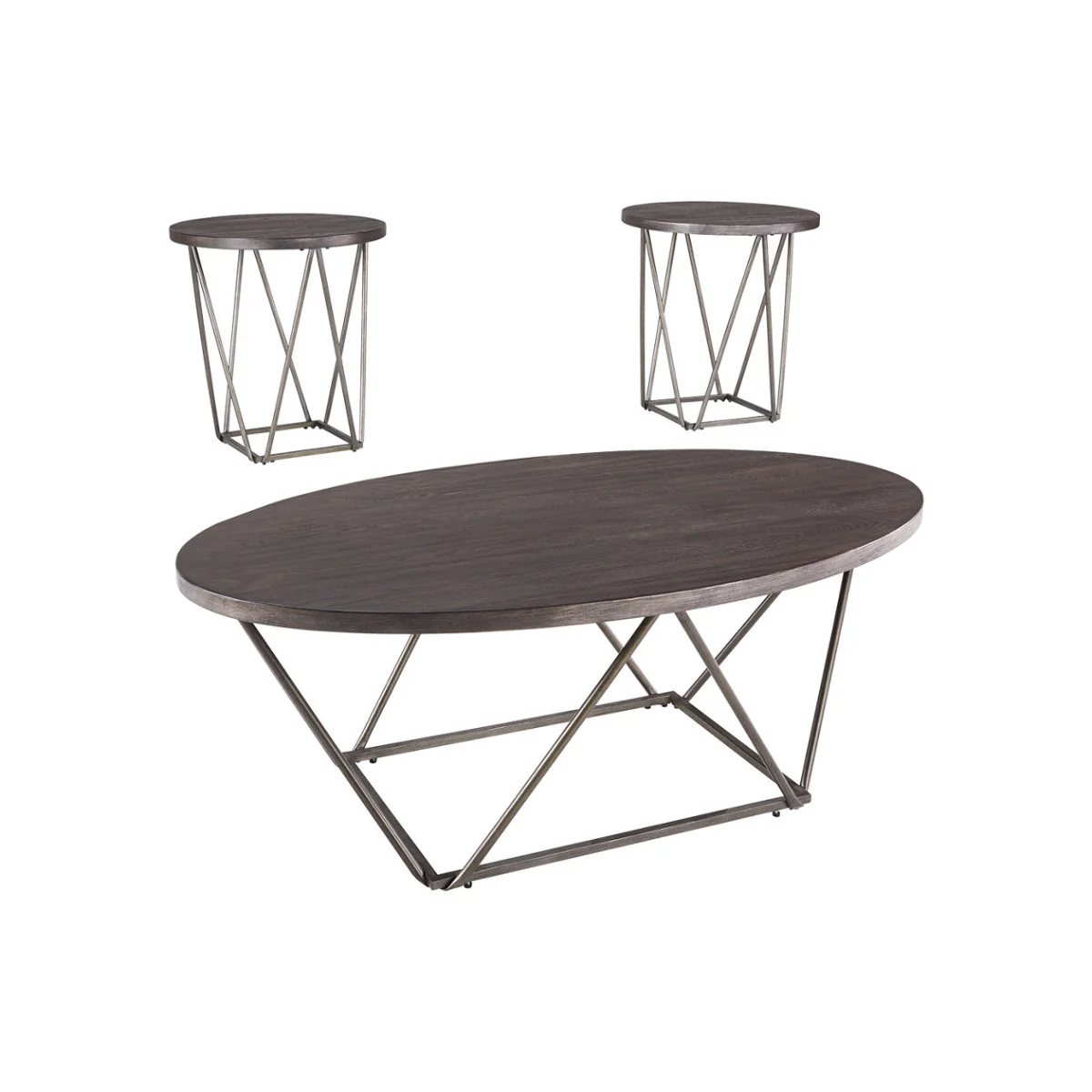 Elm Wood Table Set With Bridge Truss Metal Base, Set Of Three, Brown And Gray By Benzara - Image 2