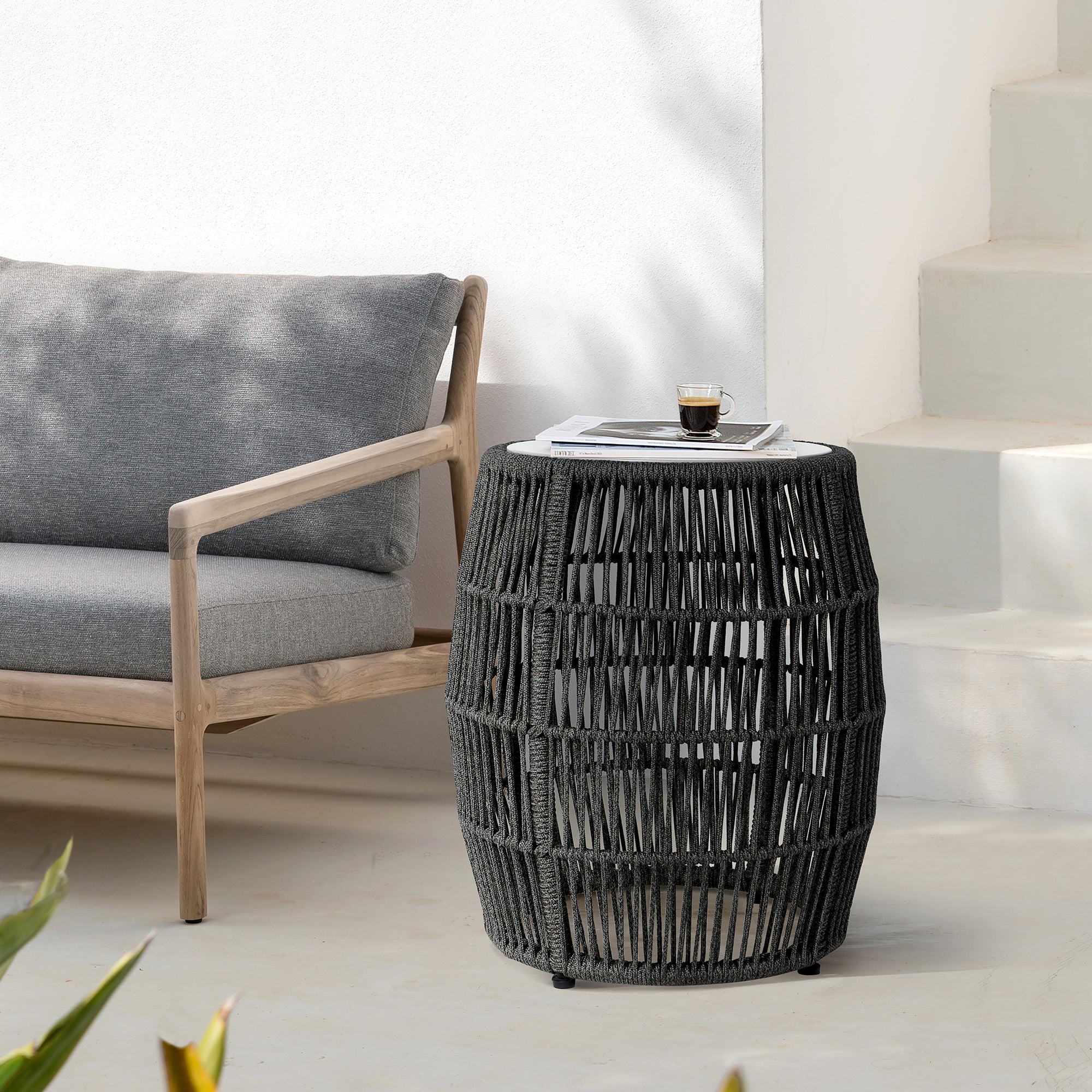 Emory Indoor Outdoor Garden Stool End Table in Grey Rope and Grey Stone By Armen Living - Image 8