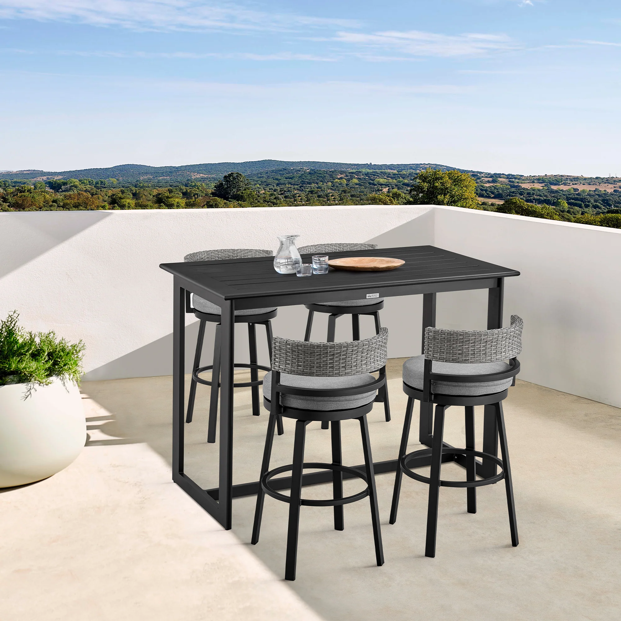 Encinitas Outdoor Patio Swivel Bar Stool in Aluminum and Wicker with Grey Cushions By Armen Living - Image 3