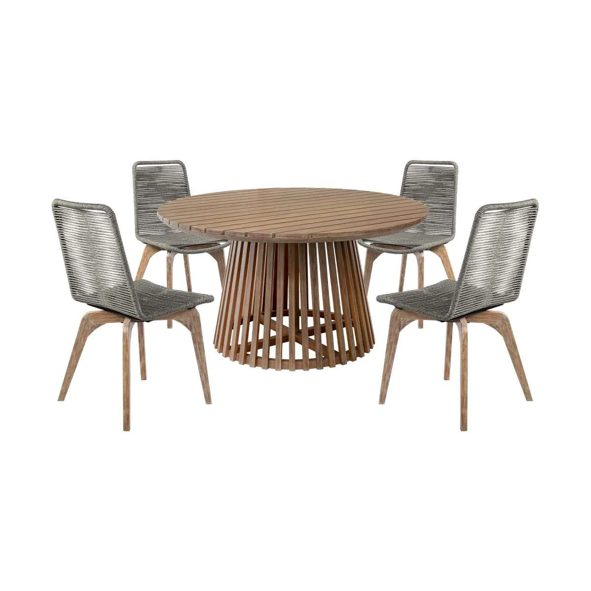 Escondido Island Outdoor Patio 5 Piece Round Dining Set in Eucalyptus Wood and Gray Rope By Armen Living - Image 2