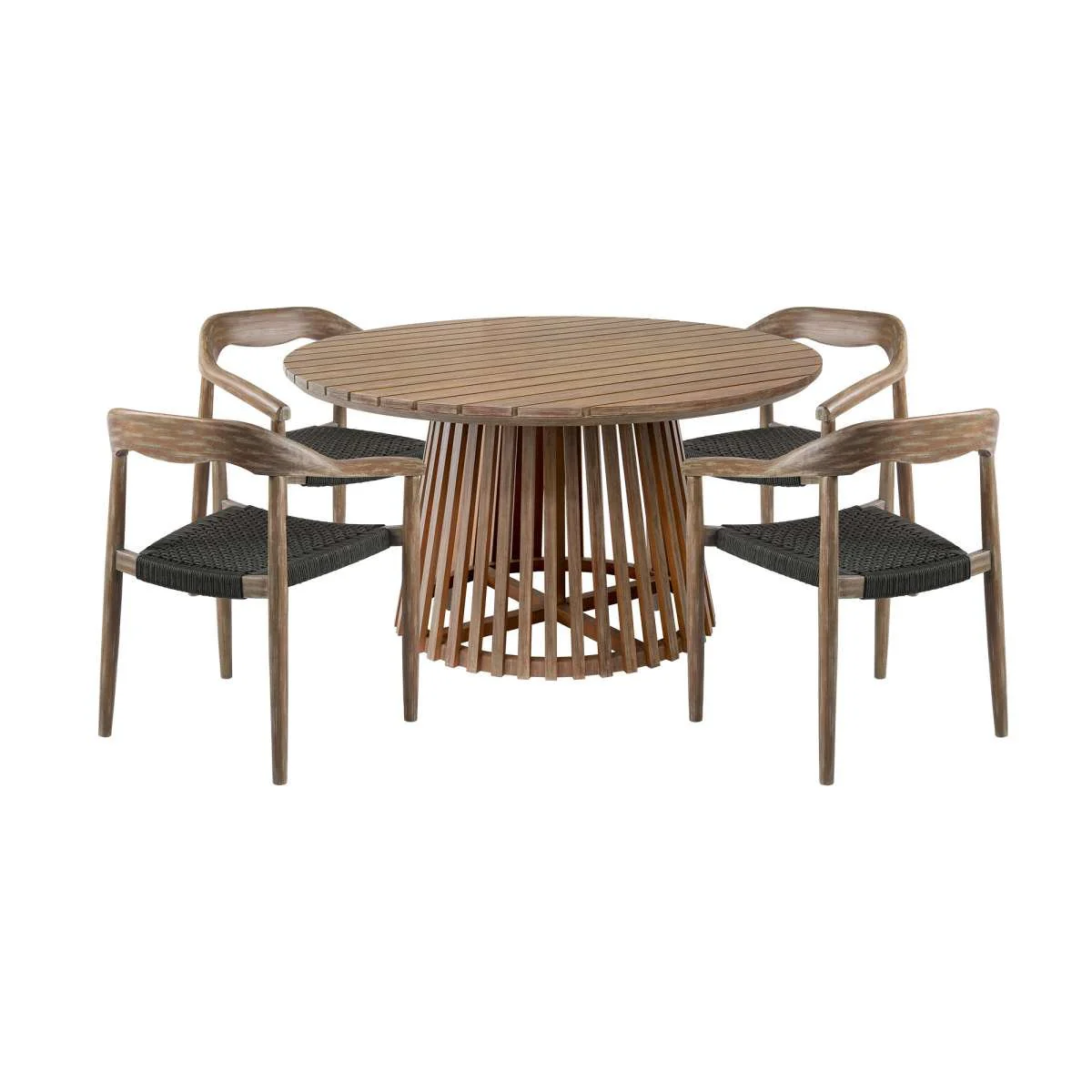 Escondido Santo Outdoor Patio 5 Piece Round Dining Set in Eucalyptus Wood and Charcoal Rope By Armen Living - Image 2