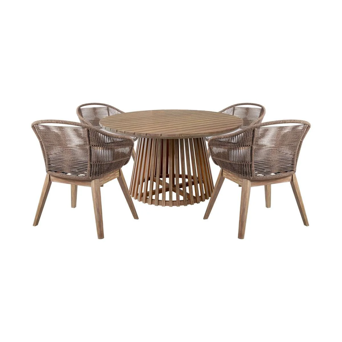 Escondido Tutti Frutti Outdoor Patio 5 Piece Round Dining Set in Eucalyptus Wood with Truffle Rope and Gray Cushions By Armen Living - Image 2