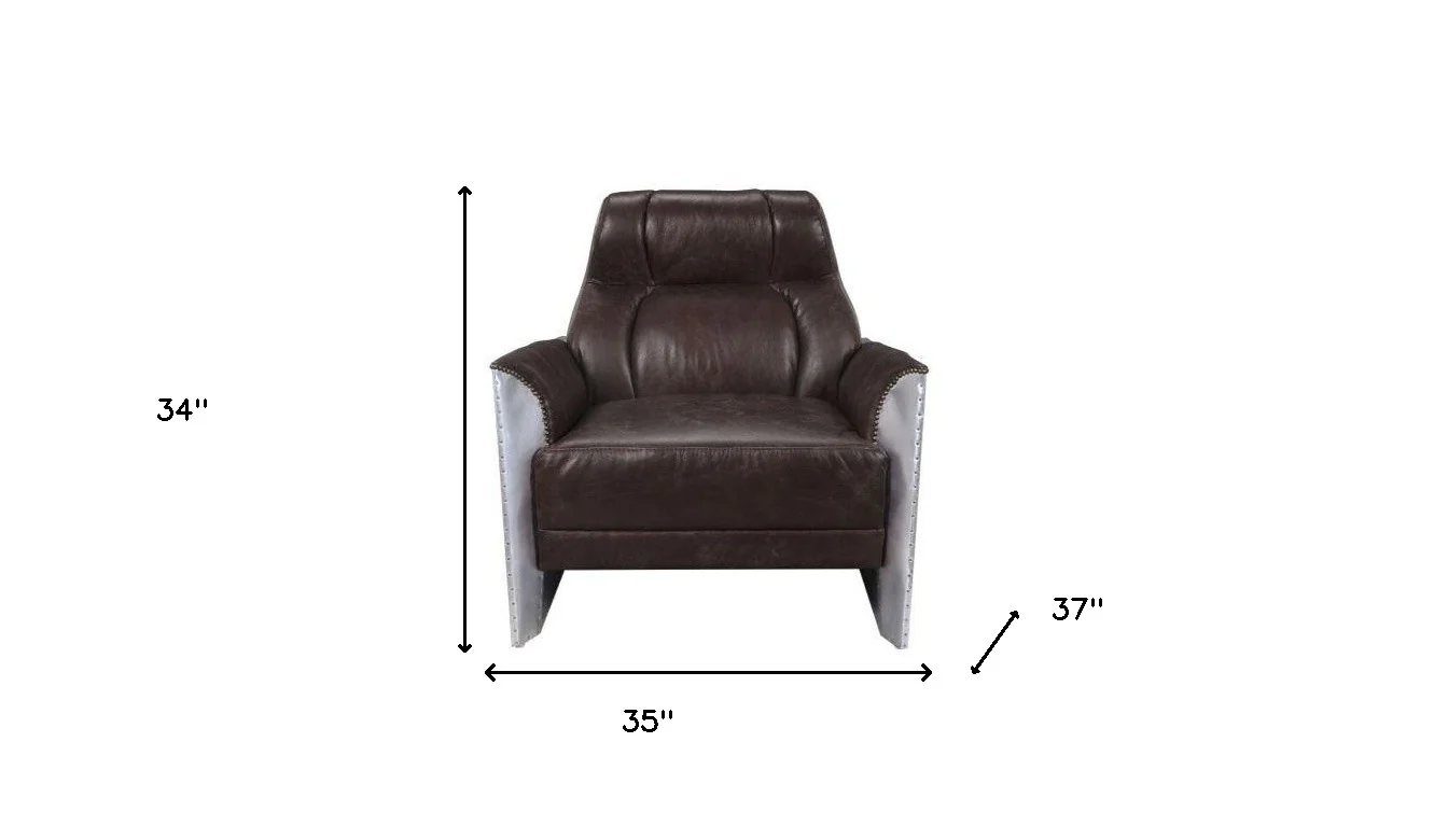 Espresso and Silver Top Grain Leather Tufted Club Chair By Homeroots - Image 2