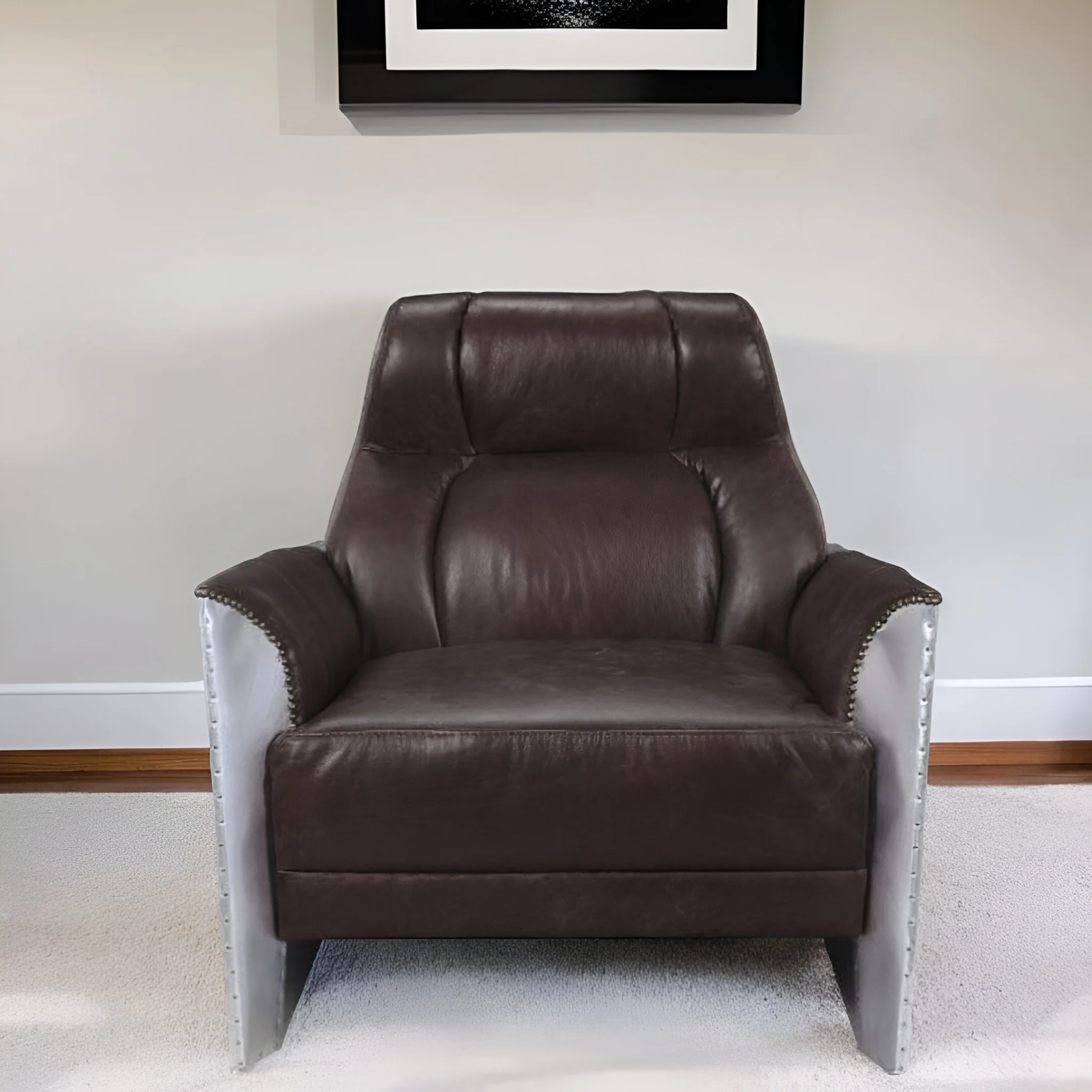 Espresso and Silver Top Grain Leather Tufted Club Chair By Homeroots - Image 3