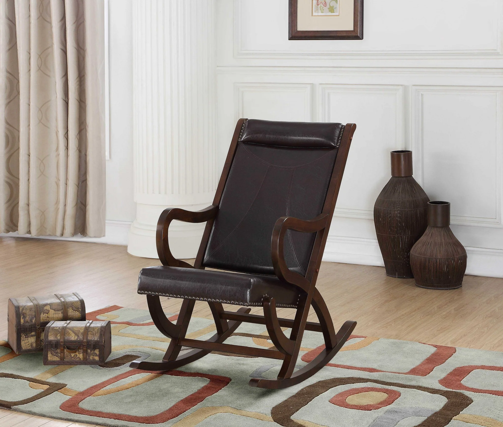 Espresso Brown Faux Leather with Walnut Finish Rocking Chair By Homeroots - Image 2