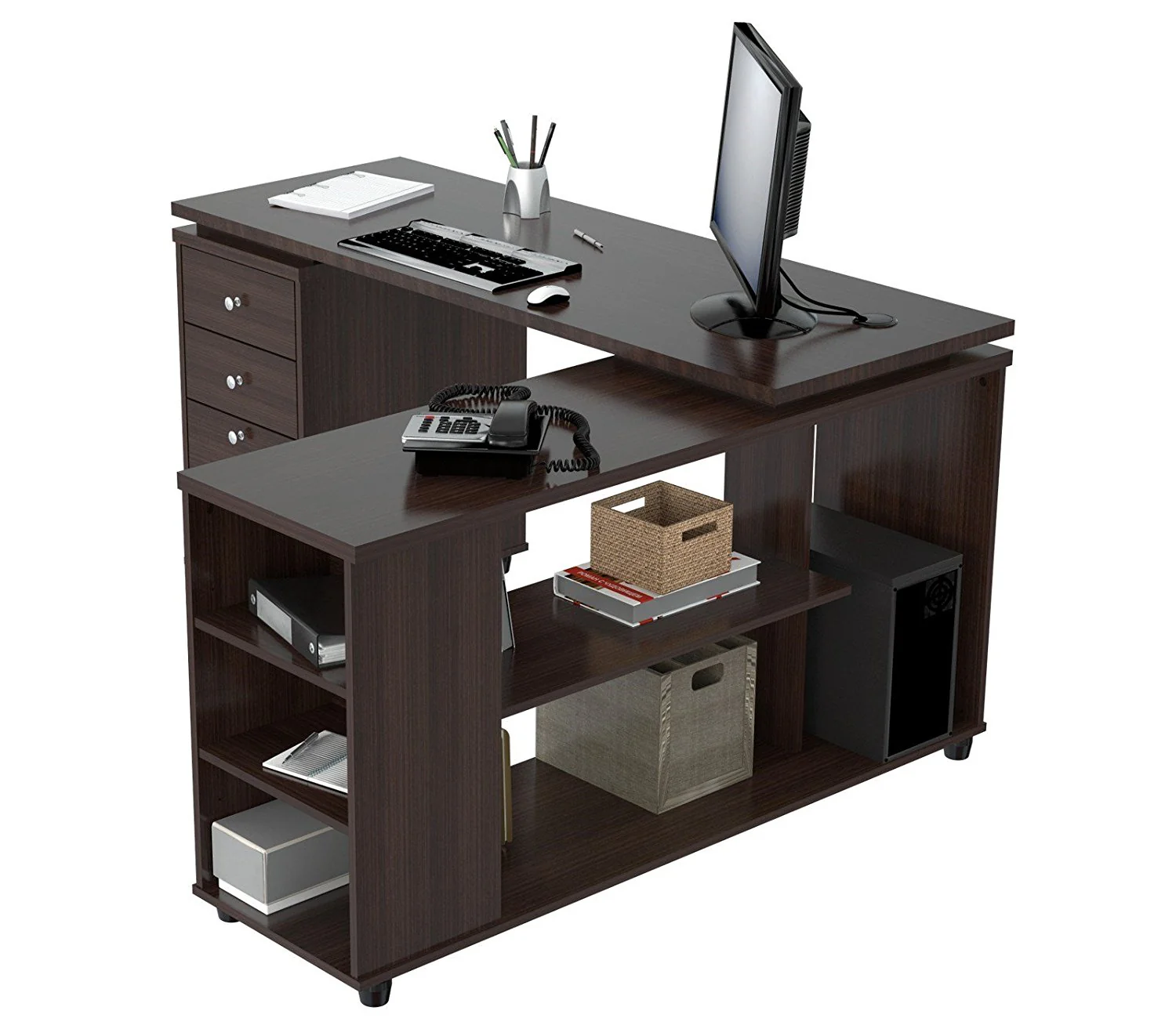 Espresso Finish 3 Drawer L Shape Computer Desk with Storage By Homeroots - Image 3