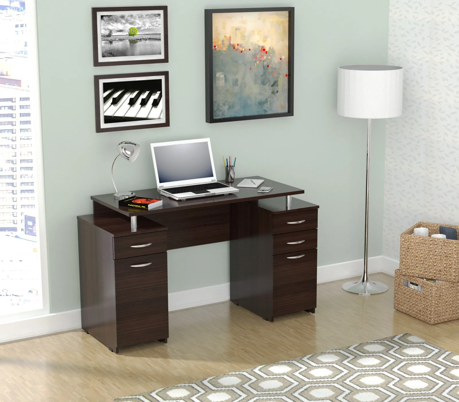 Espresso Finish Wood Computer Desk with Four Drawers By Homeroots - Image 2